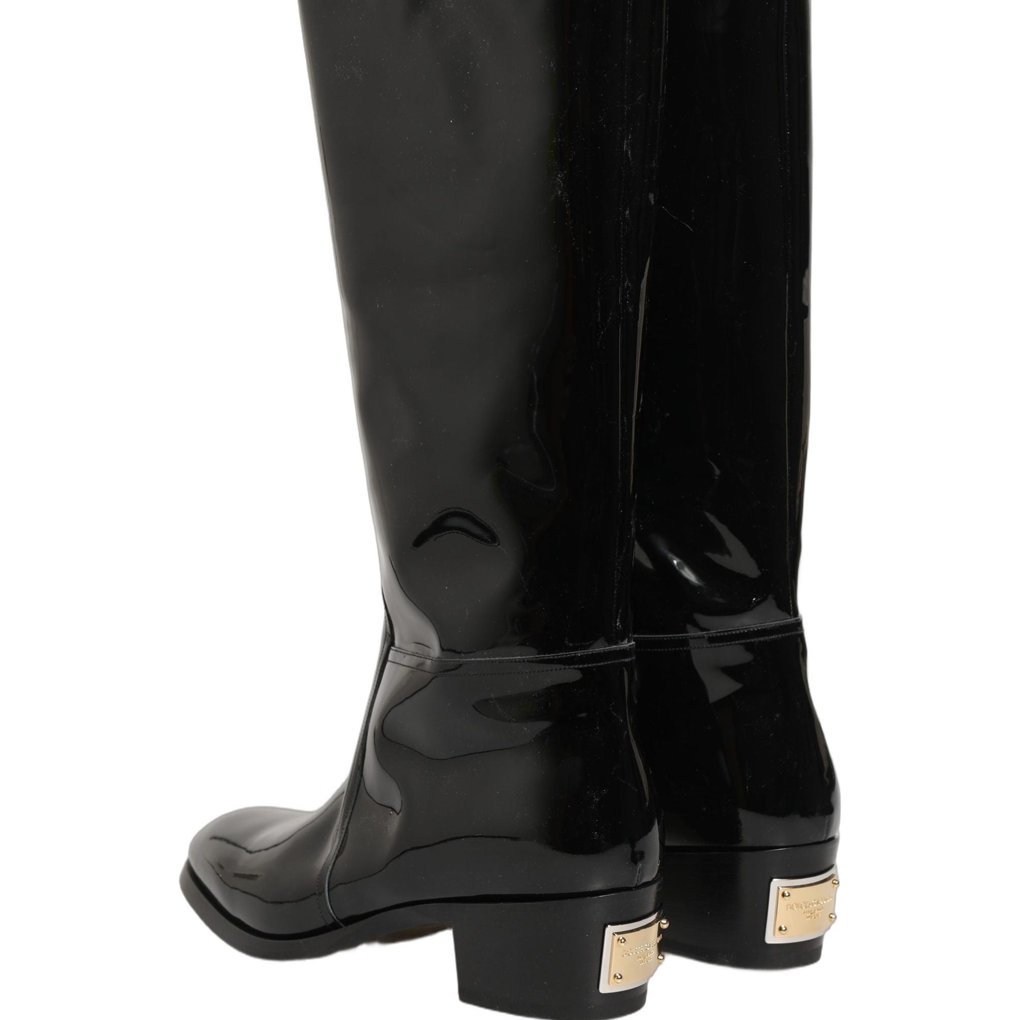 Dolce & Gabbana Black Leather Knee High Heels Boots Shoes