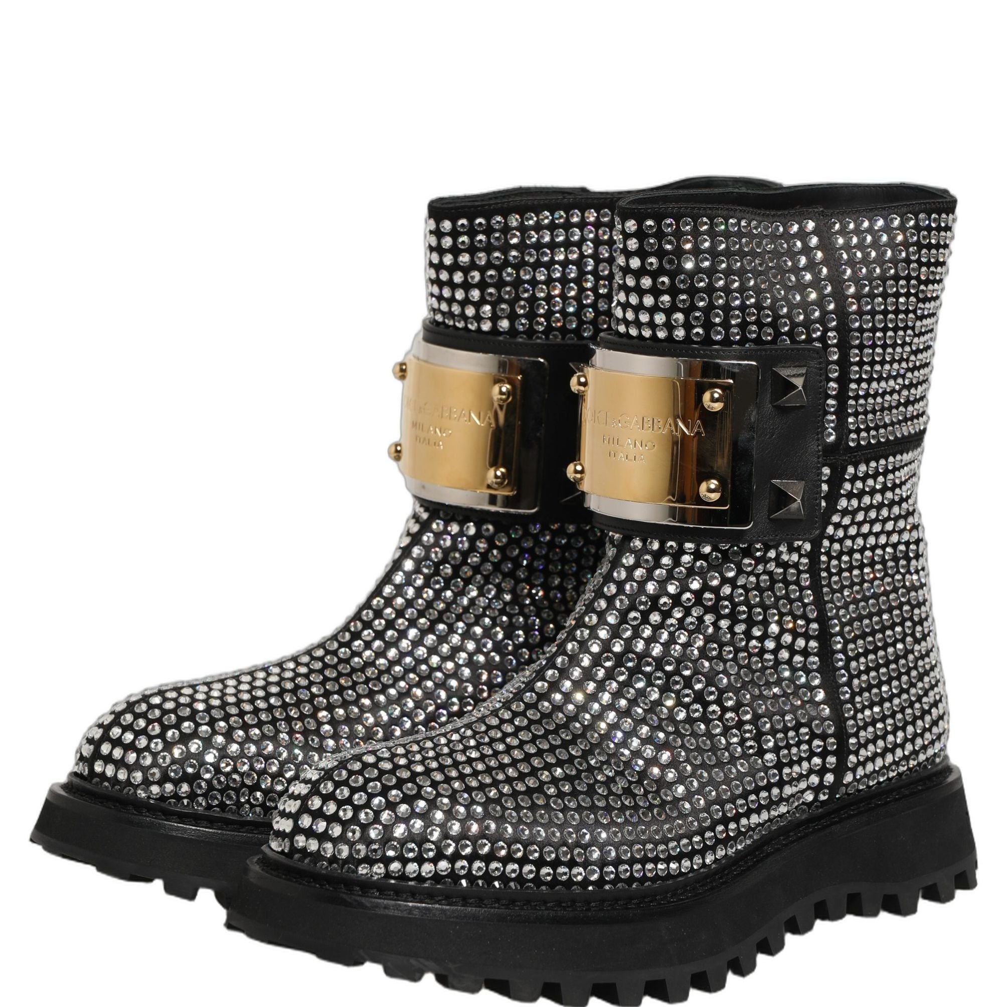 Dolce & Gabbana Black Crystal Embellished Short Boots Shoes