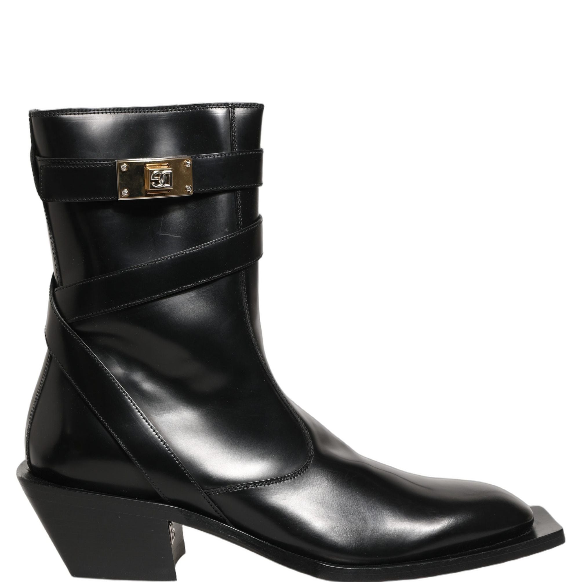Dolce & Gabbana Black Leather DG Plaque Mid Calf Boots Shoes