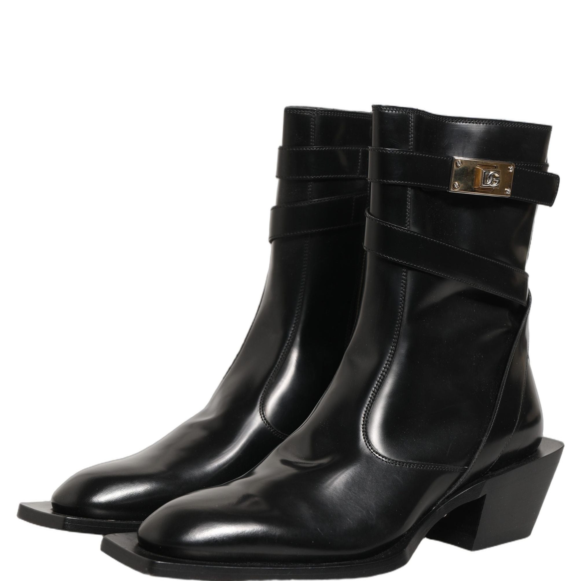 Dolce & Gabbana Black Leather DG Plaque Mid Calf Boots Shoes