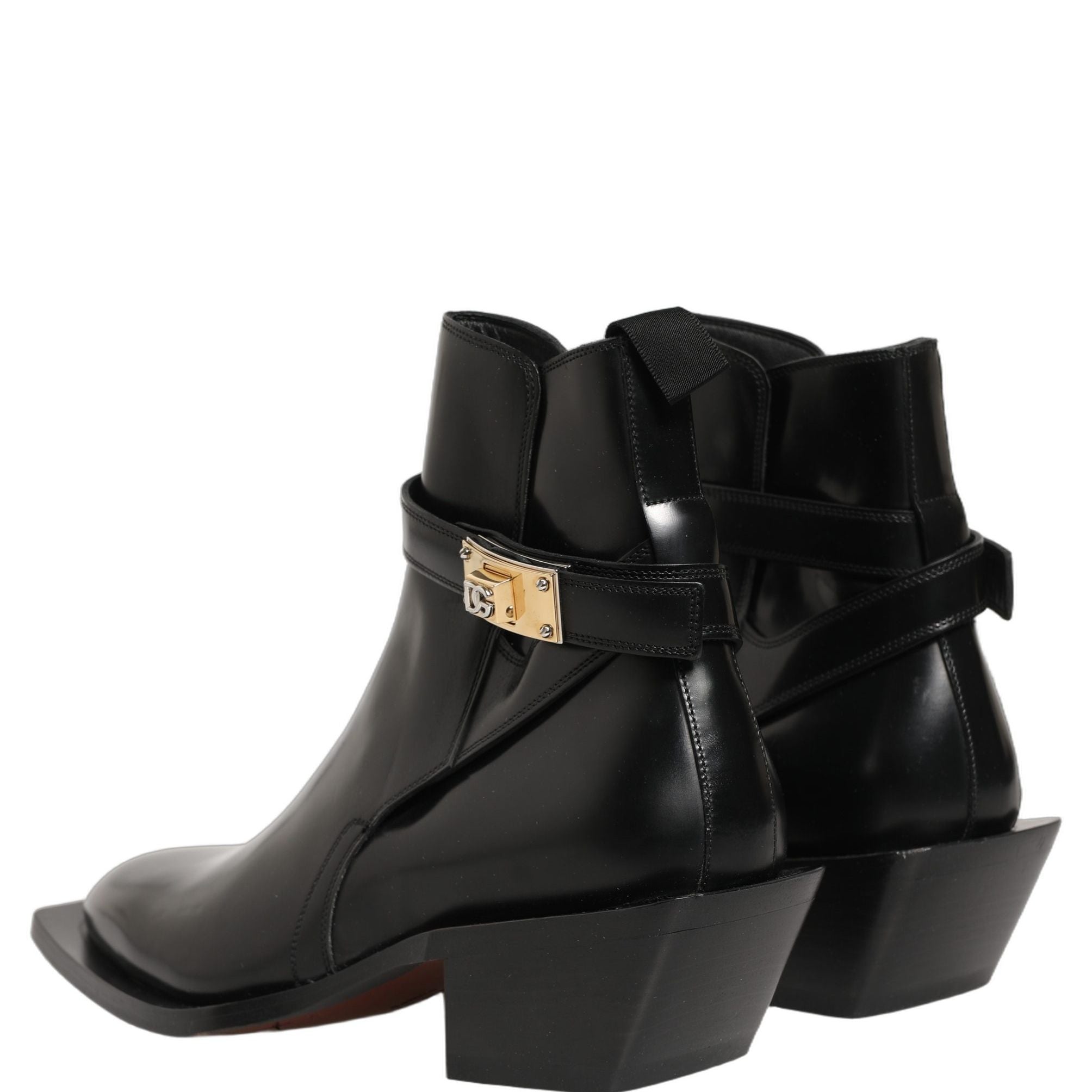 Dolce & Gabbana Black Leather DG Plaque Ankle Boots Shoes