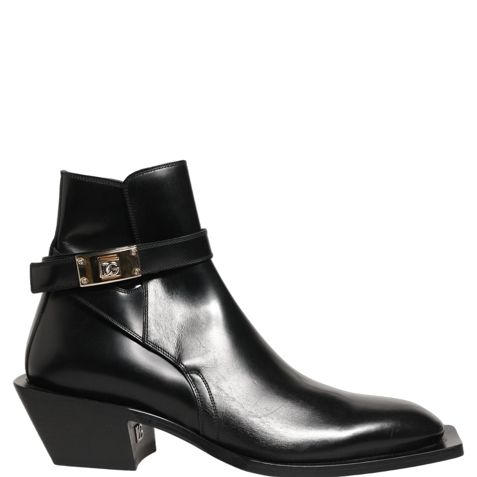 Dolce & Gabbana Black Leather DG Plaque Ankle Boots Shoes