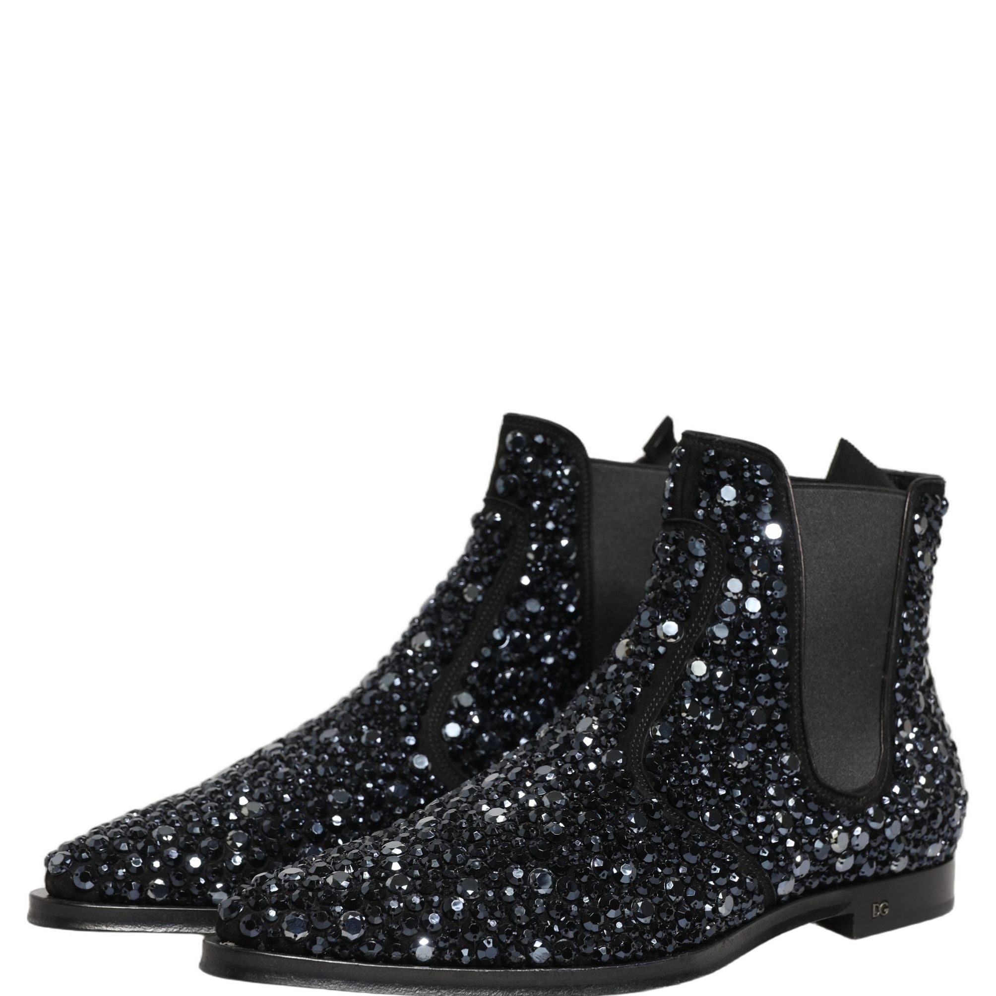 Dolce & Gabbana Black Embellished Chelsea Ankle Boots Shoes