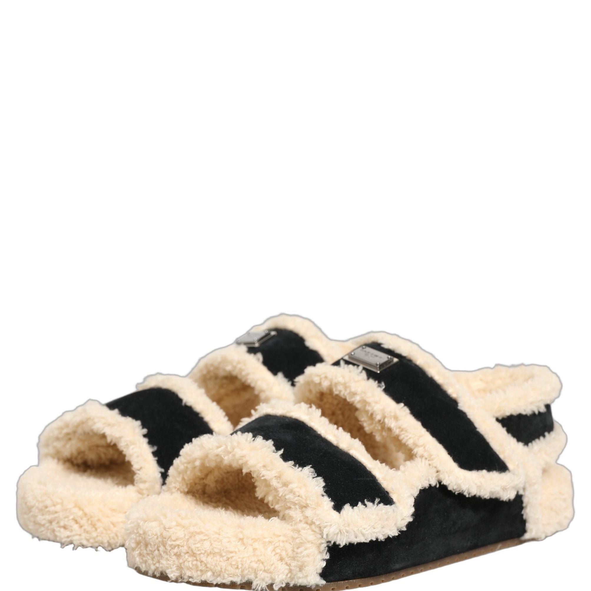 Dolce & Gabbana Beige Black Faux Fur Flats Men Sandals Shoes