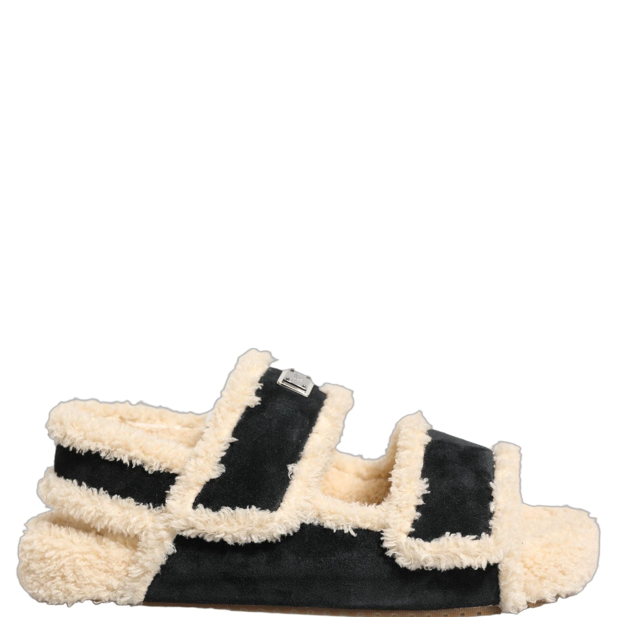 Dolce & Gabbana Beige Black Faux Fur Flats Men Sandals Shoes