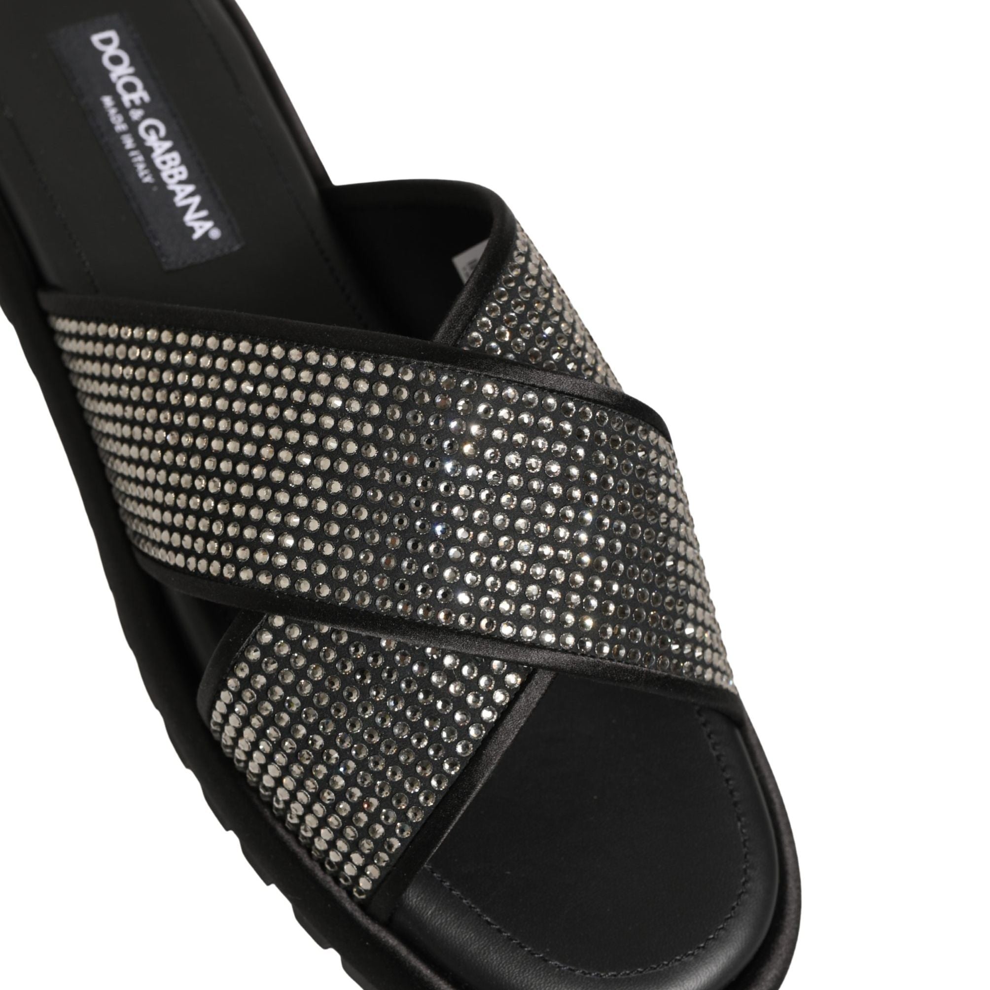 Dolce & Gabbana Black Strass Criss Cross Slide Sandals Shoes