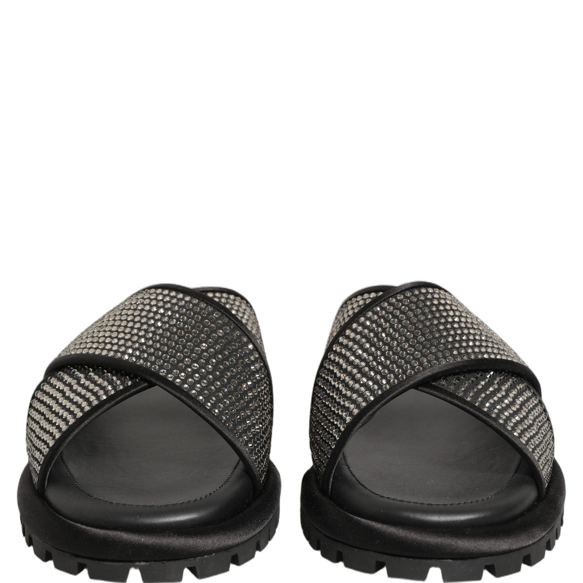 Dolce & Gabbana Black Strass Criss Cross Slide Sandals Shoes