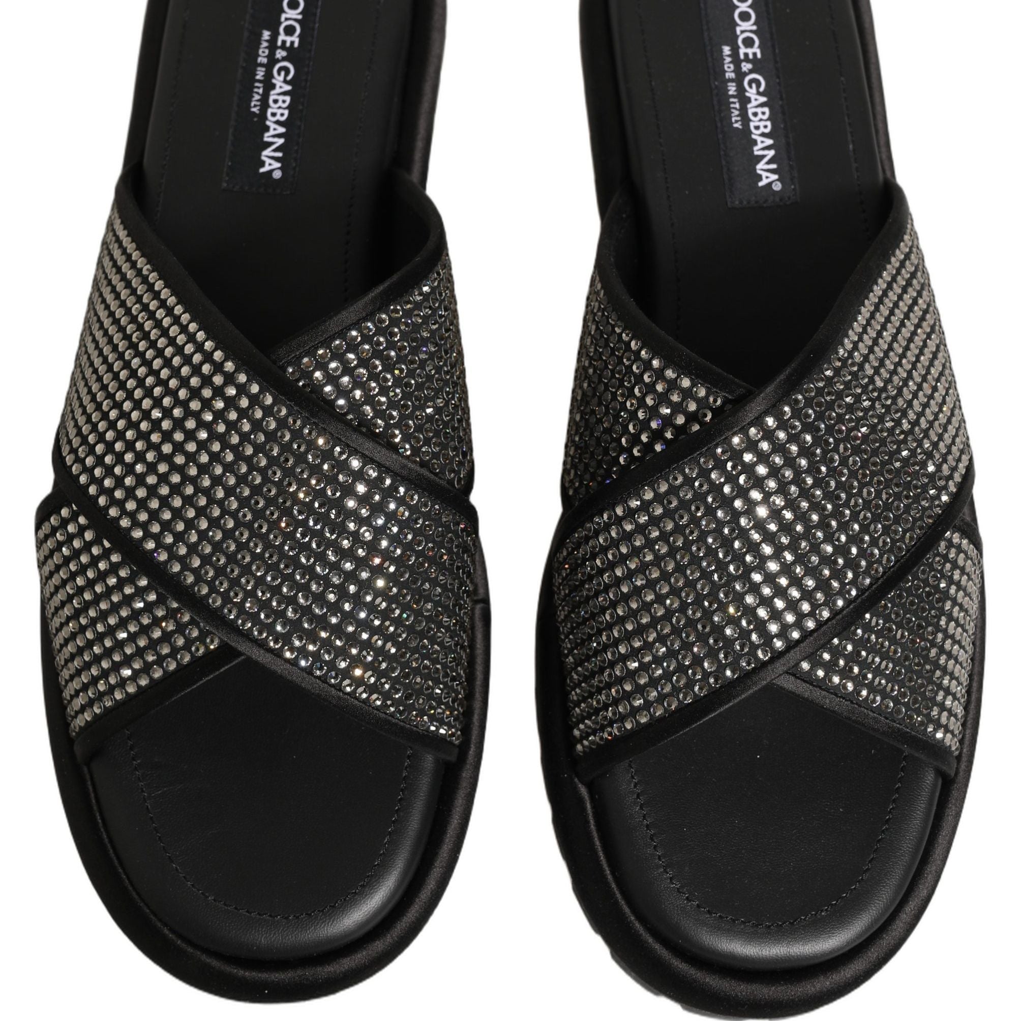 Dolce & Gabbana Black Strass Criss Cross Slide Sandals Shoes
