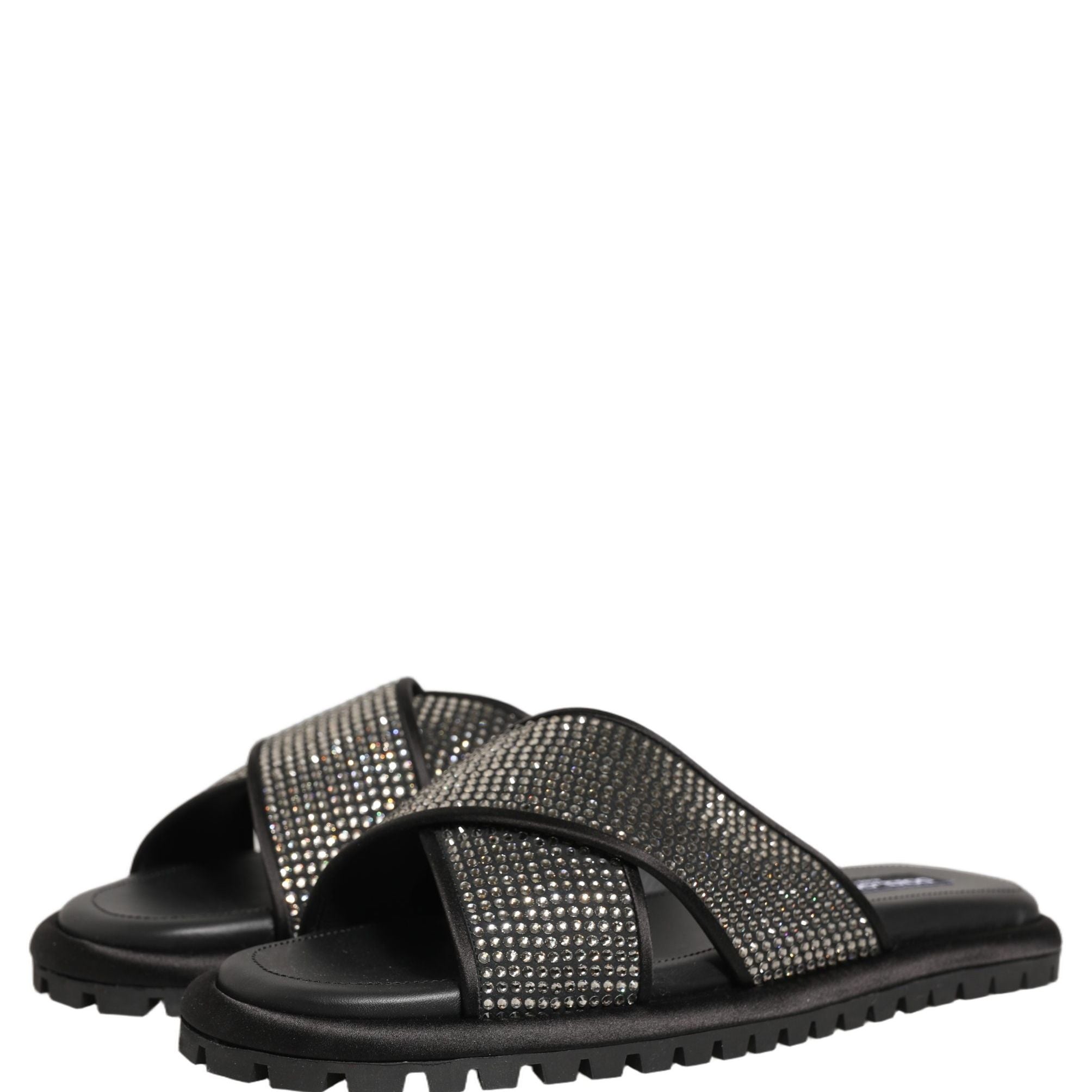 Dolce & Gabbana Black Strass Criss Cross Slide Sandals Shoes