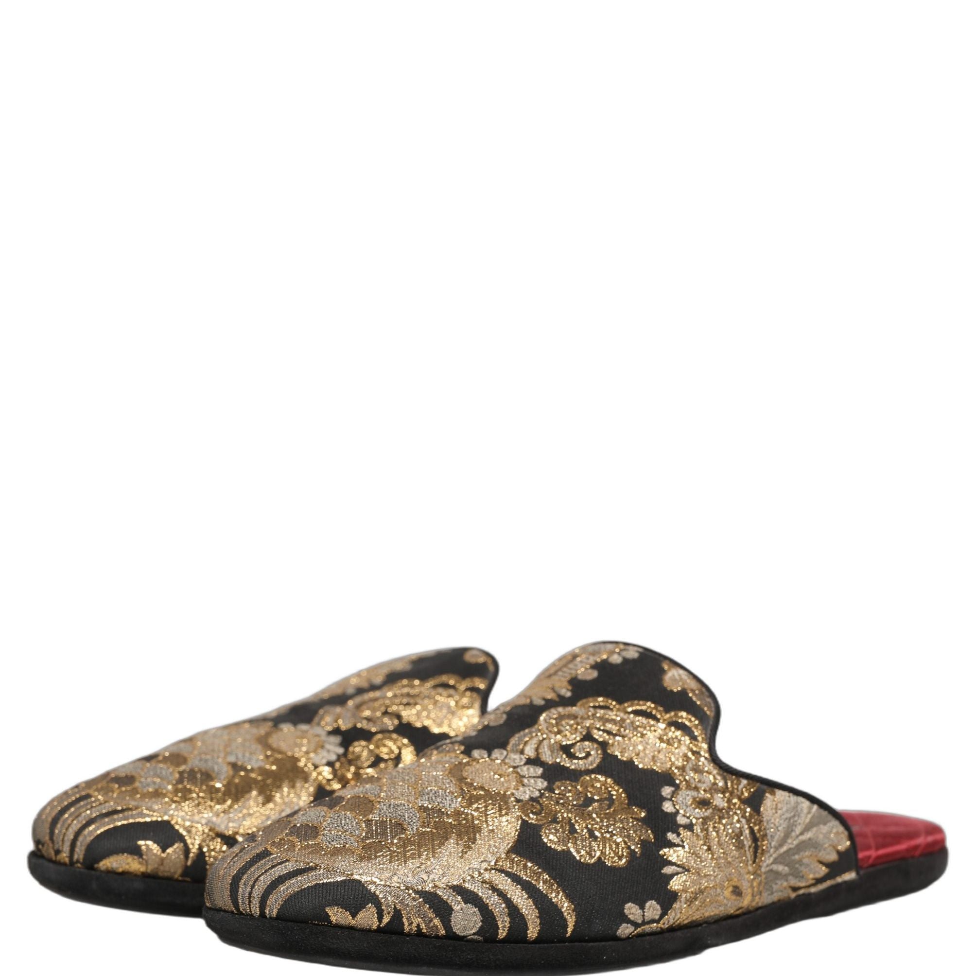 Dolce & Gabbana Black Floral Jacquard Flats Sandals Men Shoes