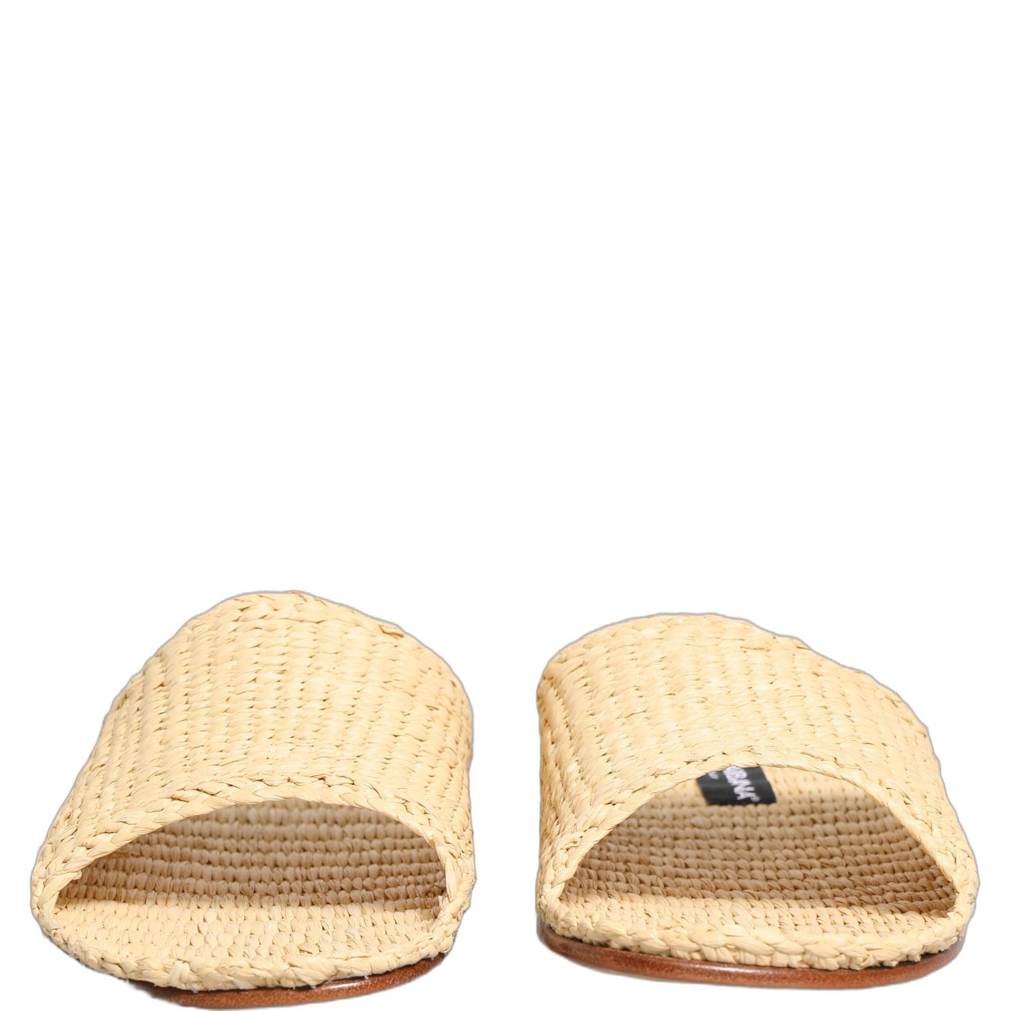 Dolce & Gabbana Beige Straw Raffia Slides Sandals Flats Shoes