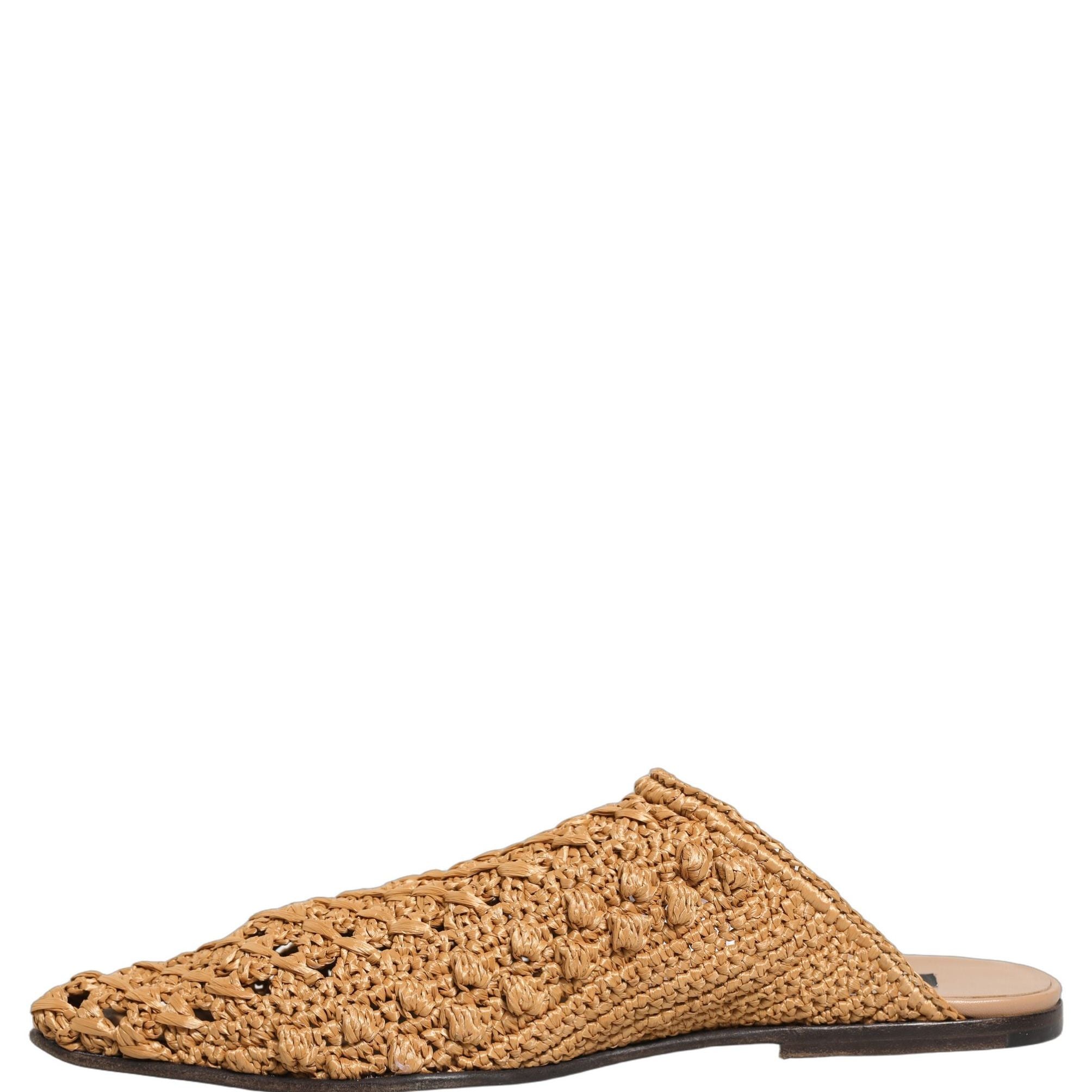 Dolce & Gabbana Beige Woven Straw Slides Sandals Flats Shoes