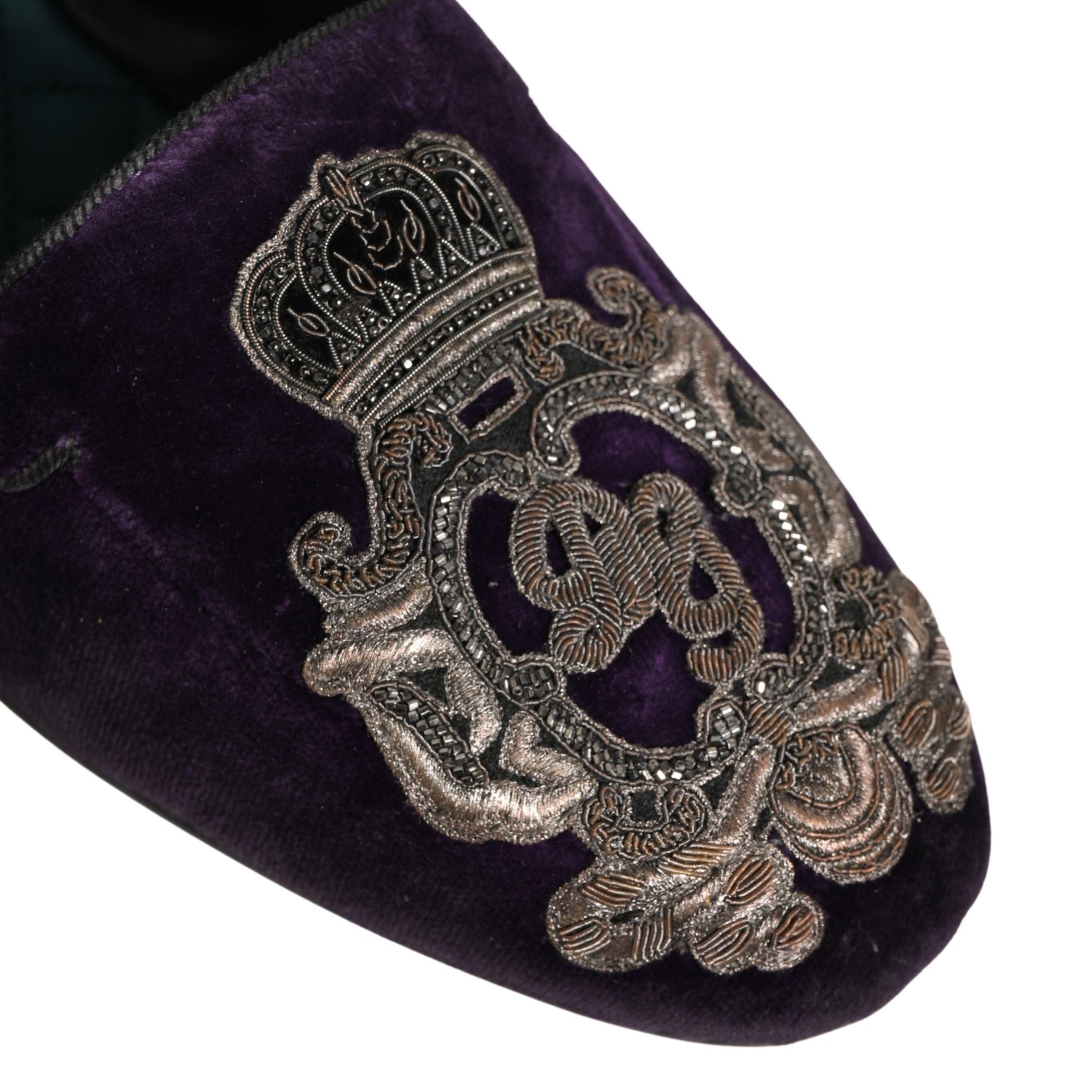 Dolce & Gabbana Purple Velvet Crown Embroidery Loafers Shoes