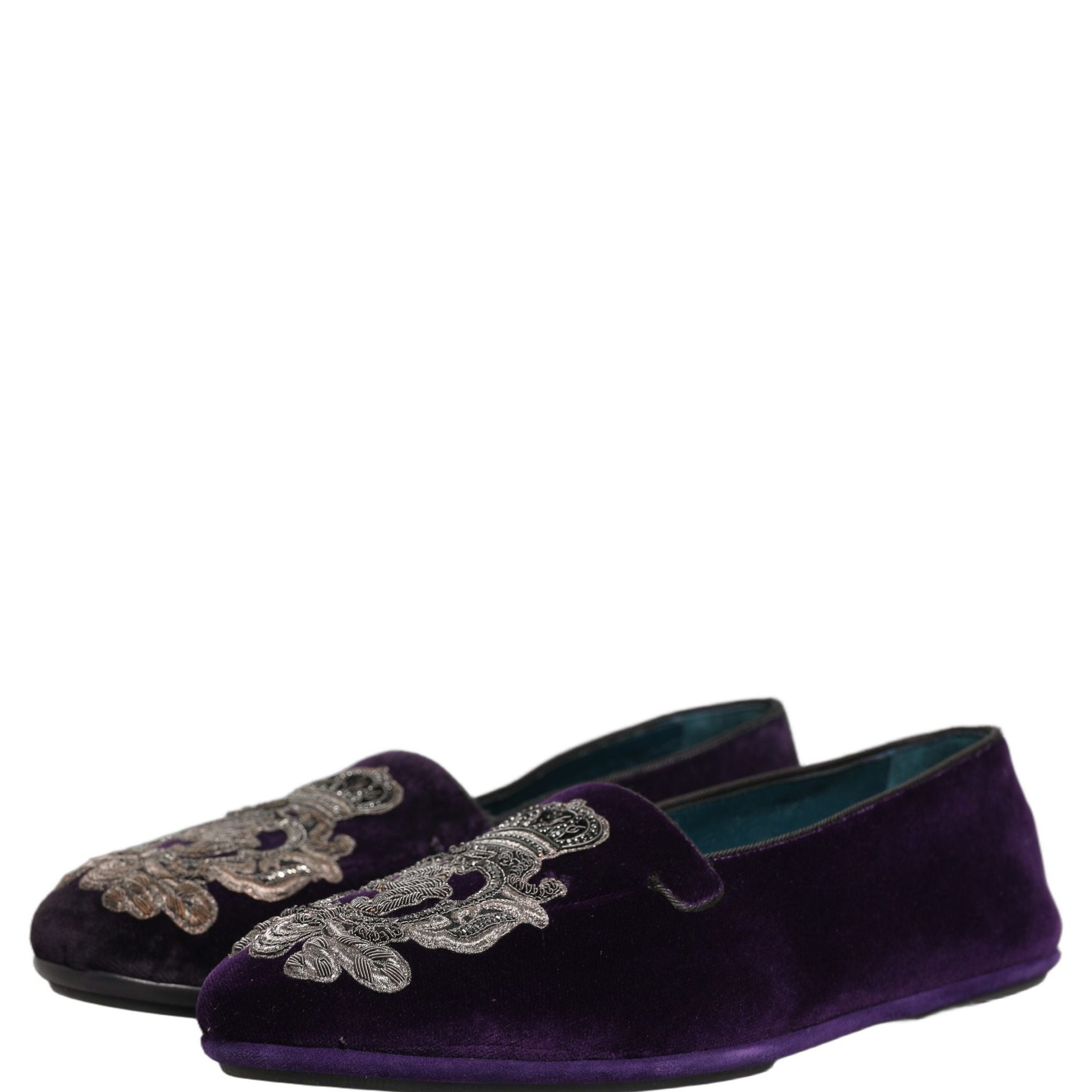 Dolce & Gabbana Purple Velvet Crown Embroidery Loafers Shoes