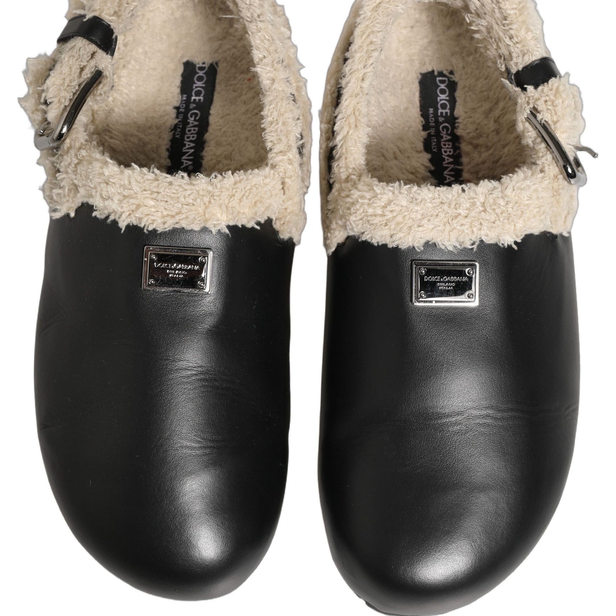 Dolce & Gabbana Beige Black Fur Shearling Slides Sandals Shoes
