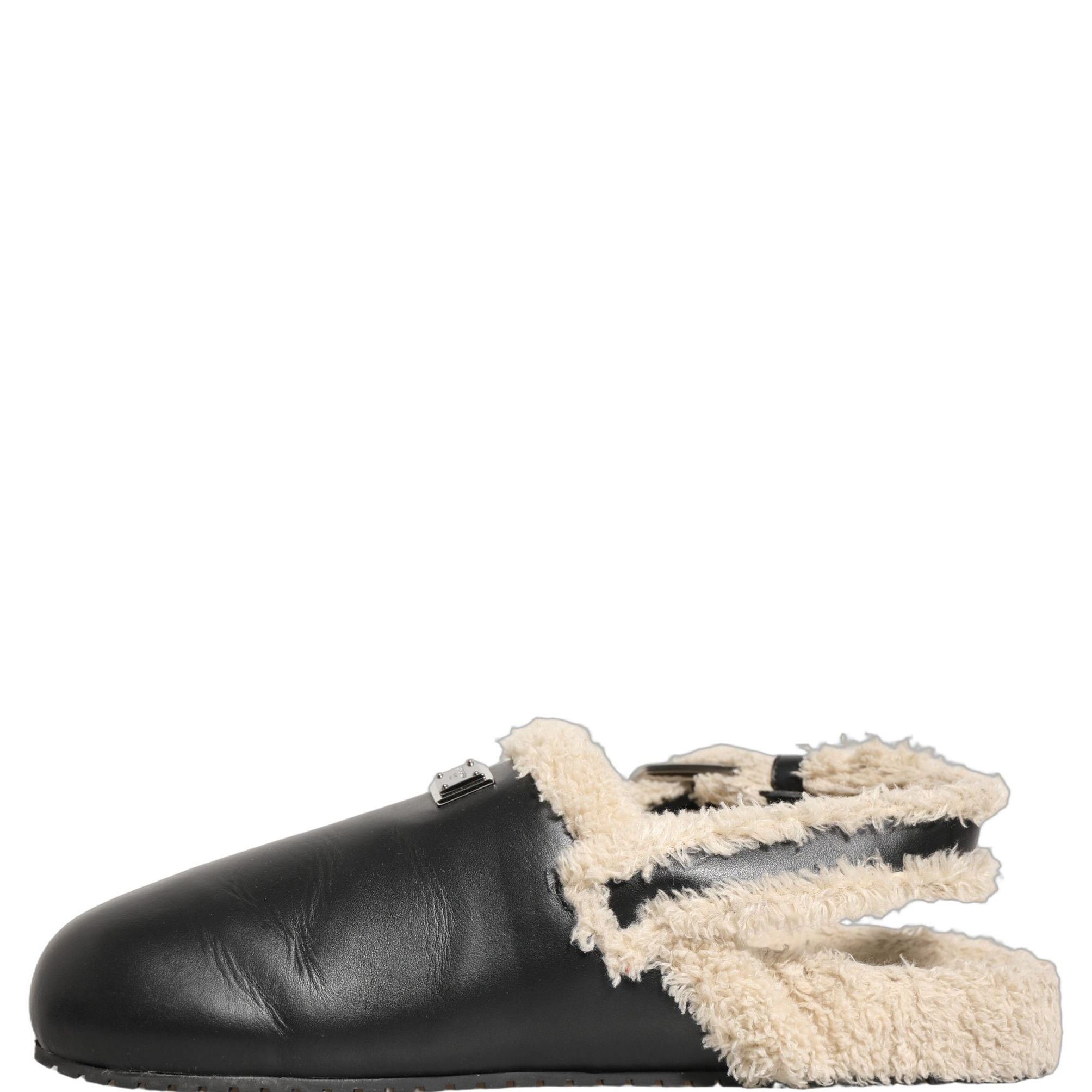 Dolce & Gabbana Beige Black Fur Shearling Slides Sandals Shoes