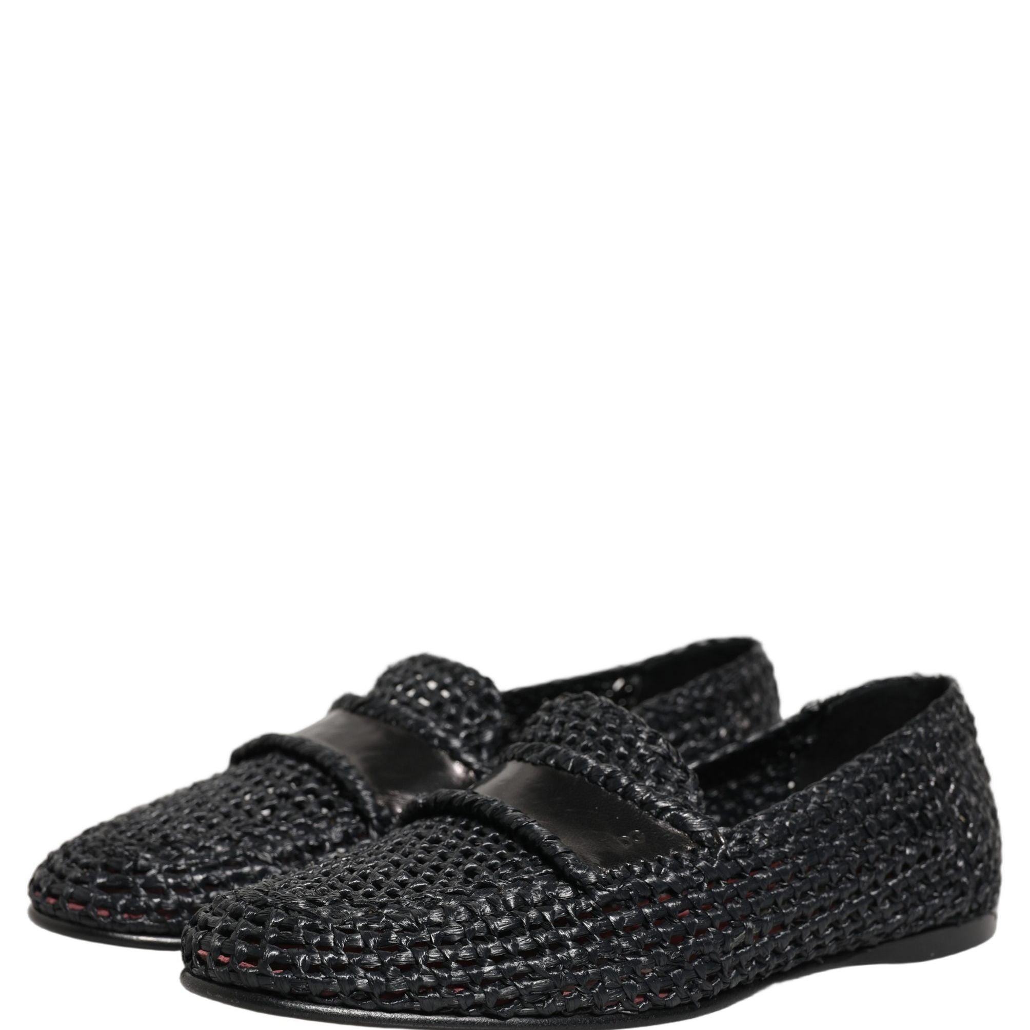 Dolce & Gabbana Black Woven Raffia Slip On Loafers Shoes