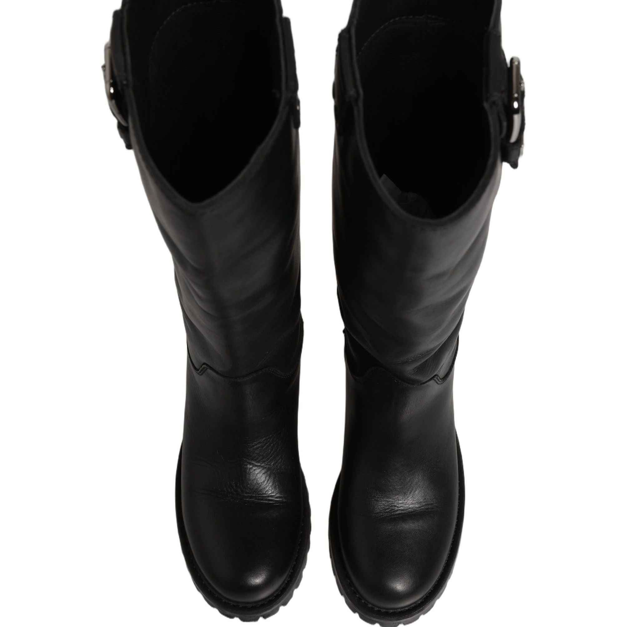 Dolce & Gabbana Black Leather Buckle Detail Mid Calf Boots Shoes