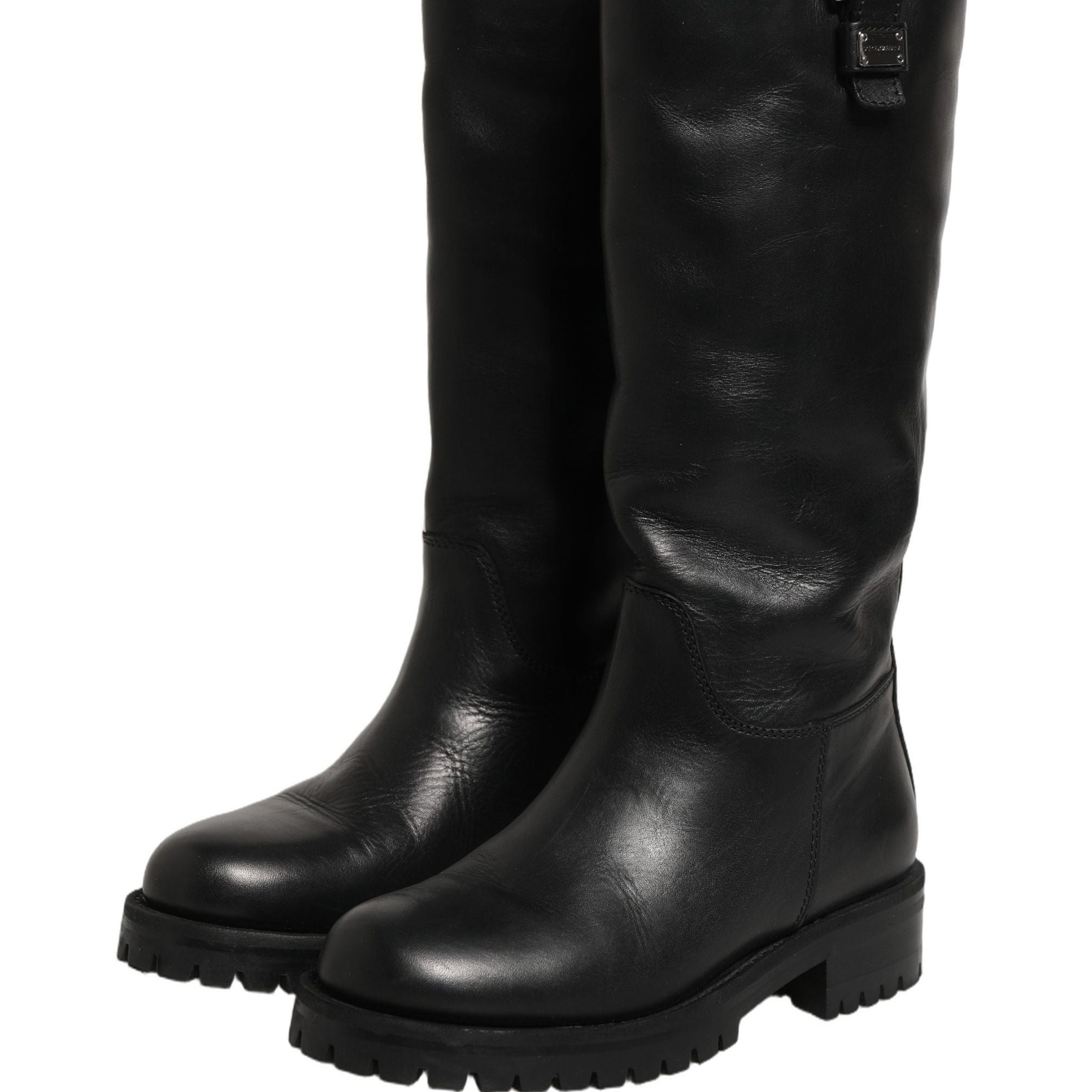 Dolce & Gabbana Black Leather Buckle Detail Mid Calf Boots Shoes