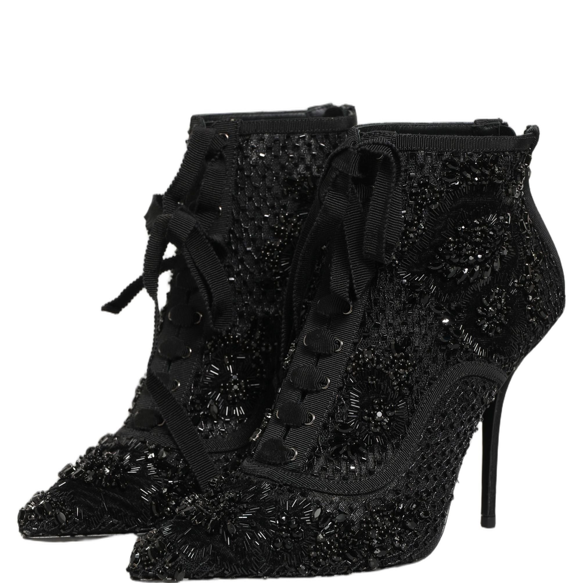 Dolce & Gabbana Black Embellished Mesh Ankle Boots Shoes