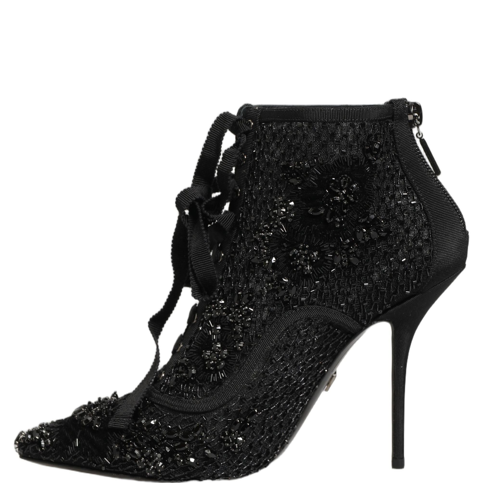 Dolce & Gabbana Black Embellished Mesh Ankle Boots Shoes