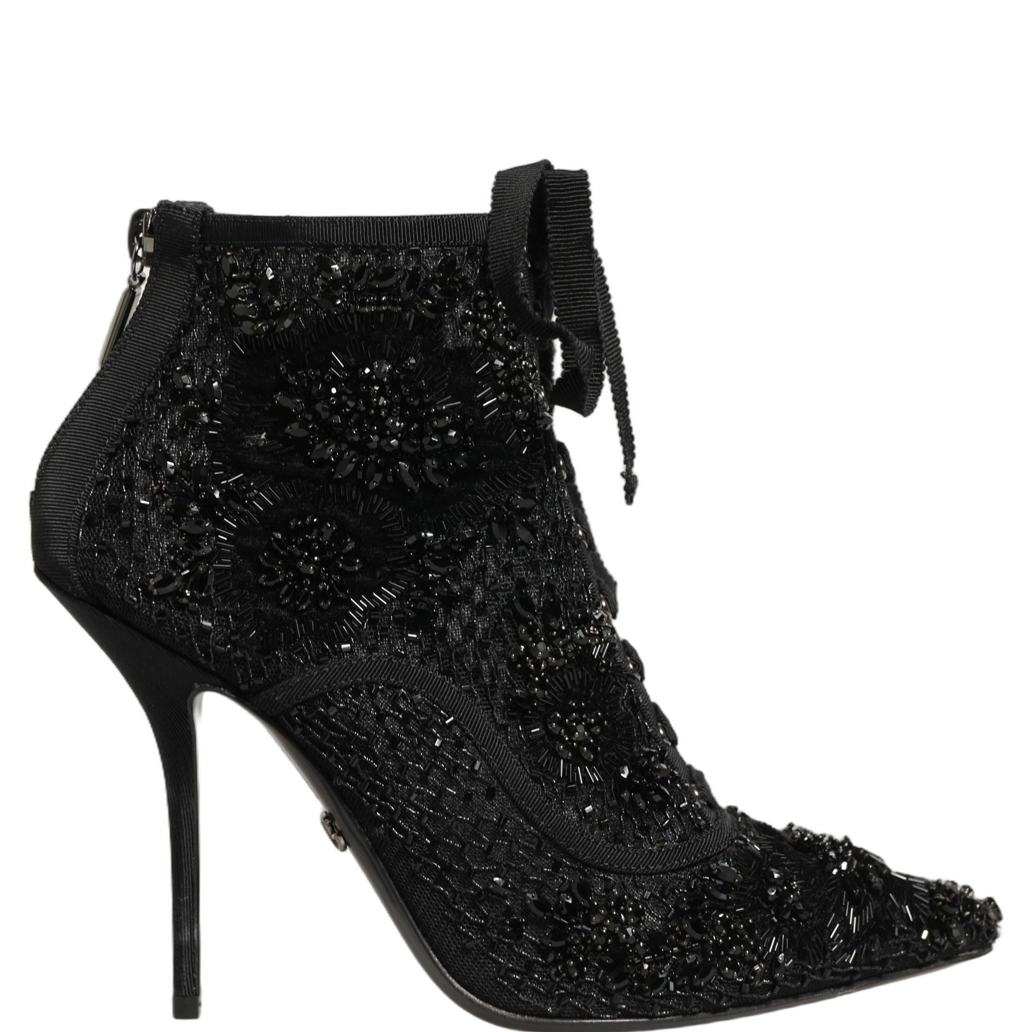 Dolce & Gabbana Black Embellished Mesh Ankle Boots Shoes