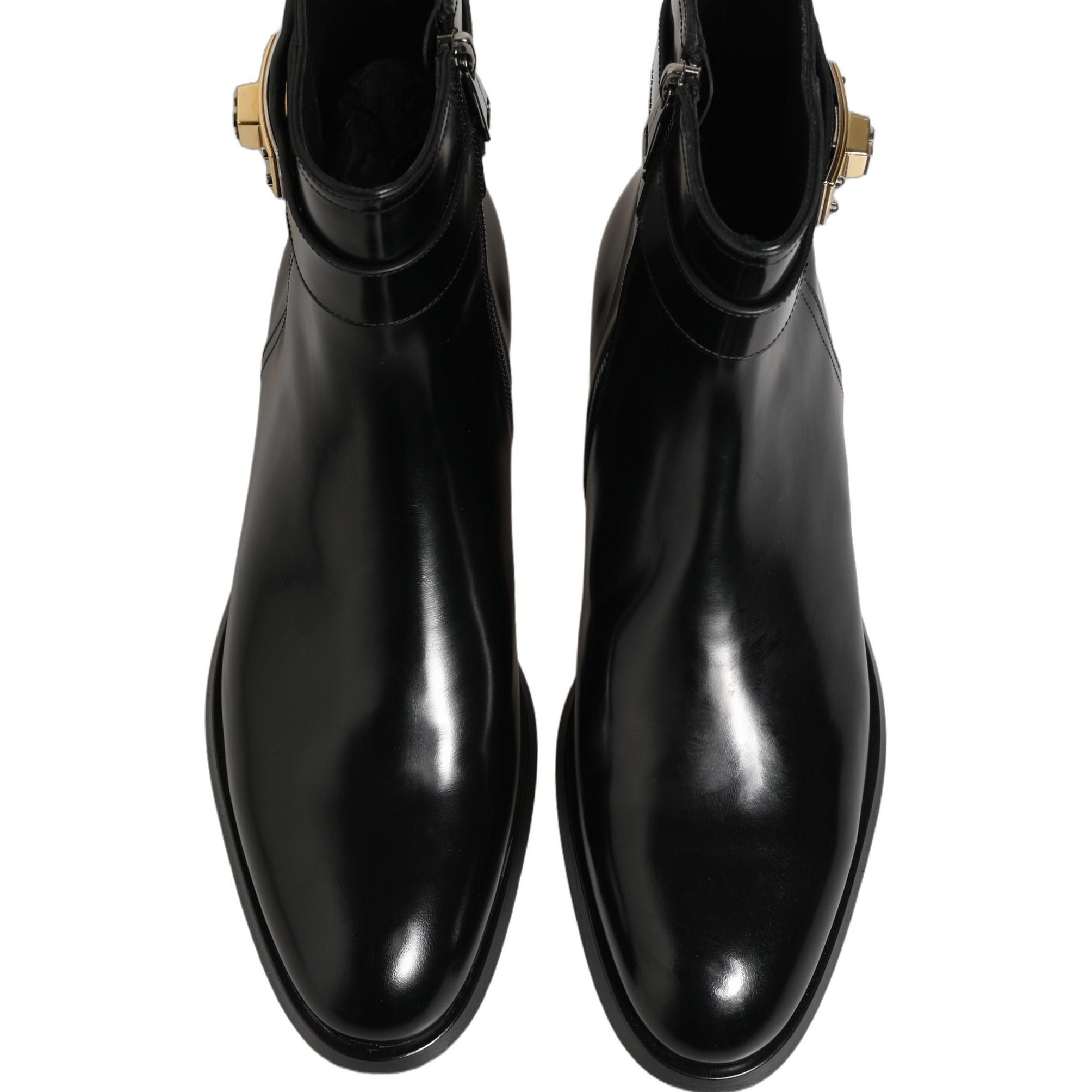 Dolce & Gabbana Black Leather Logo Buckle Mid Calf Boots Shoes