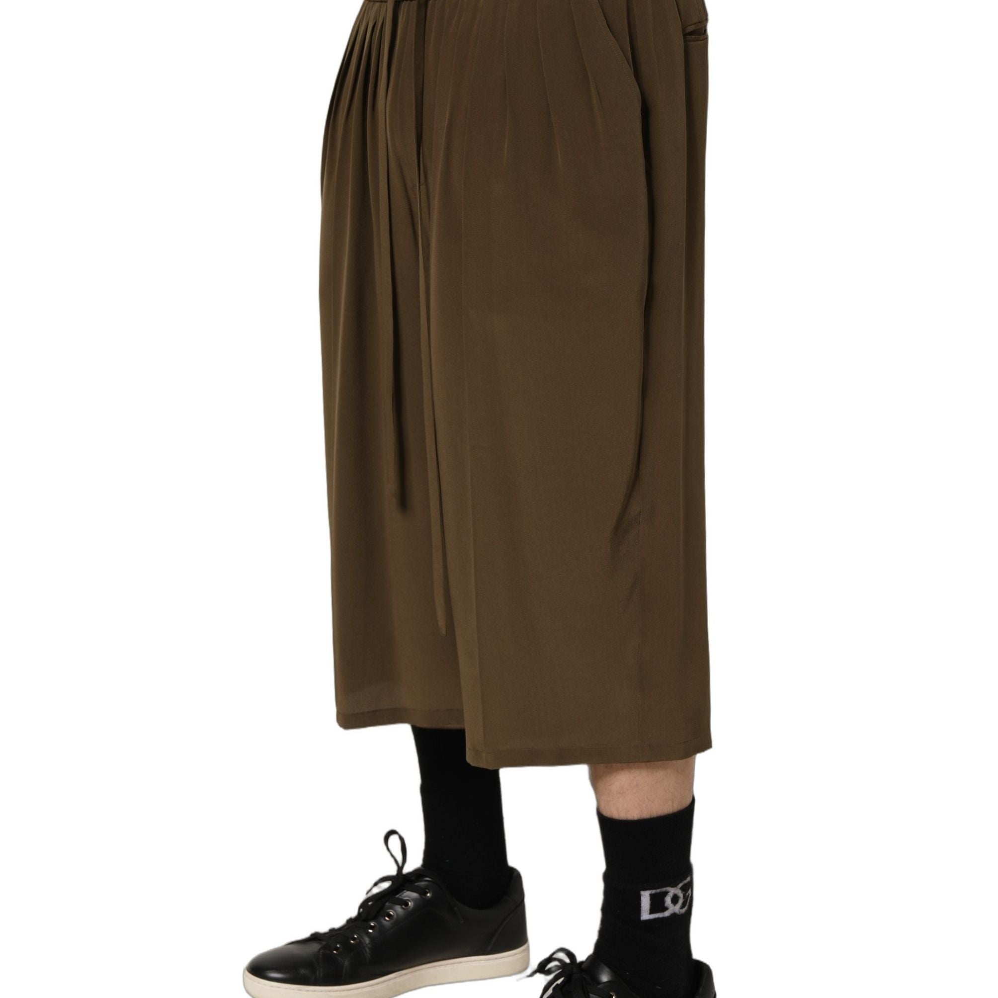 Dolce & Gabbana Brown Silk Mid Waist Pleated Bermuda Shorts