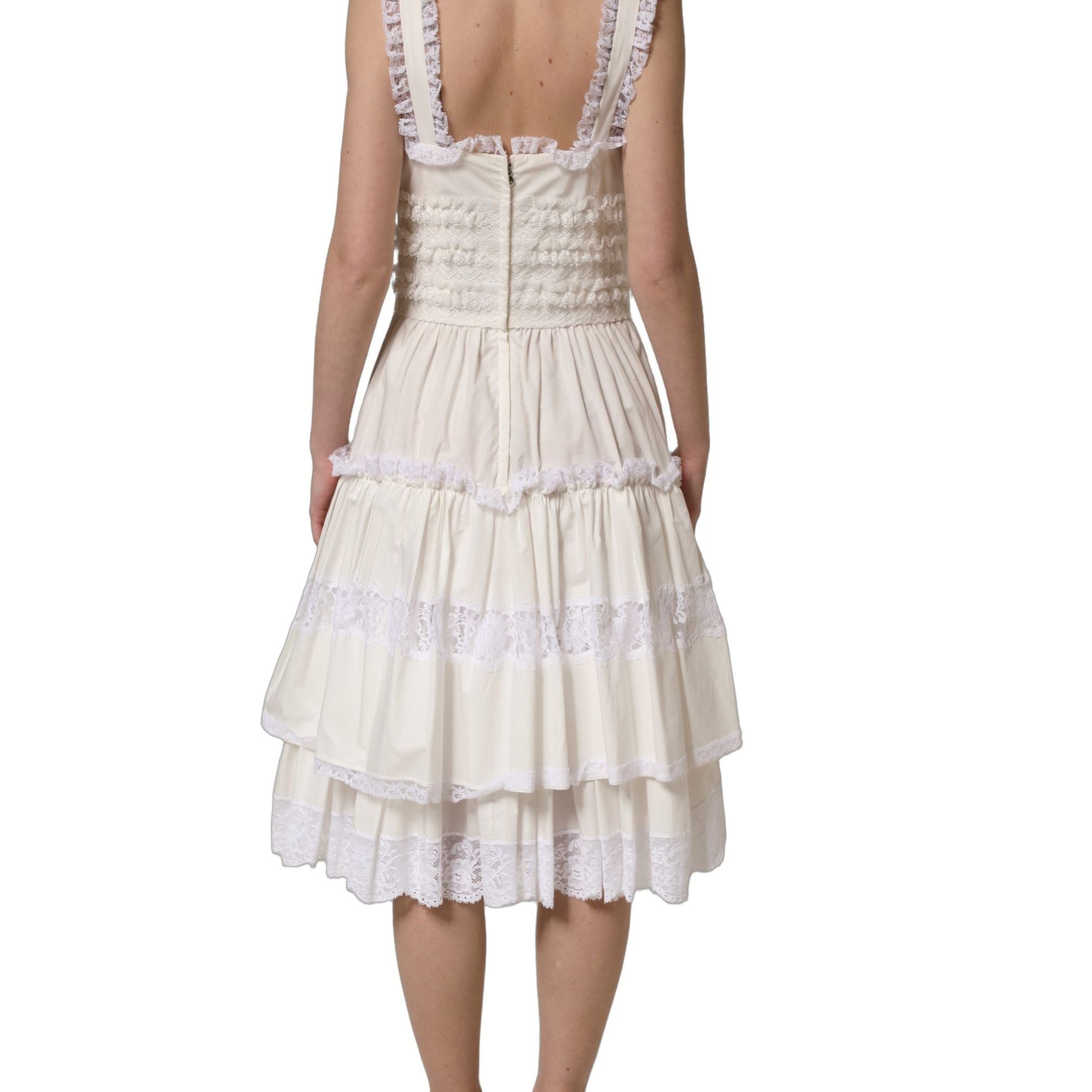 Dolce & Gabbana White Cotton Poplin Ruffled Midi Dress