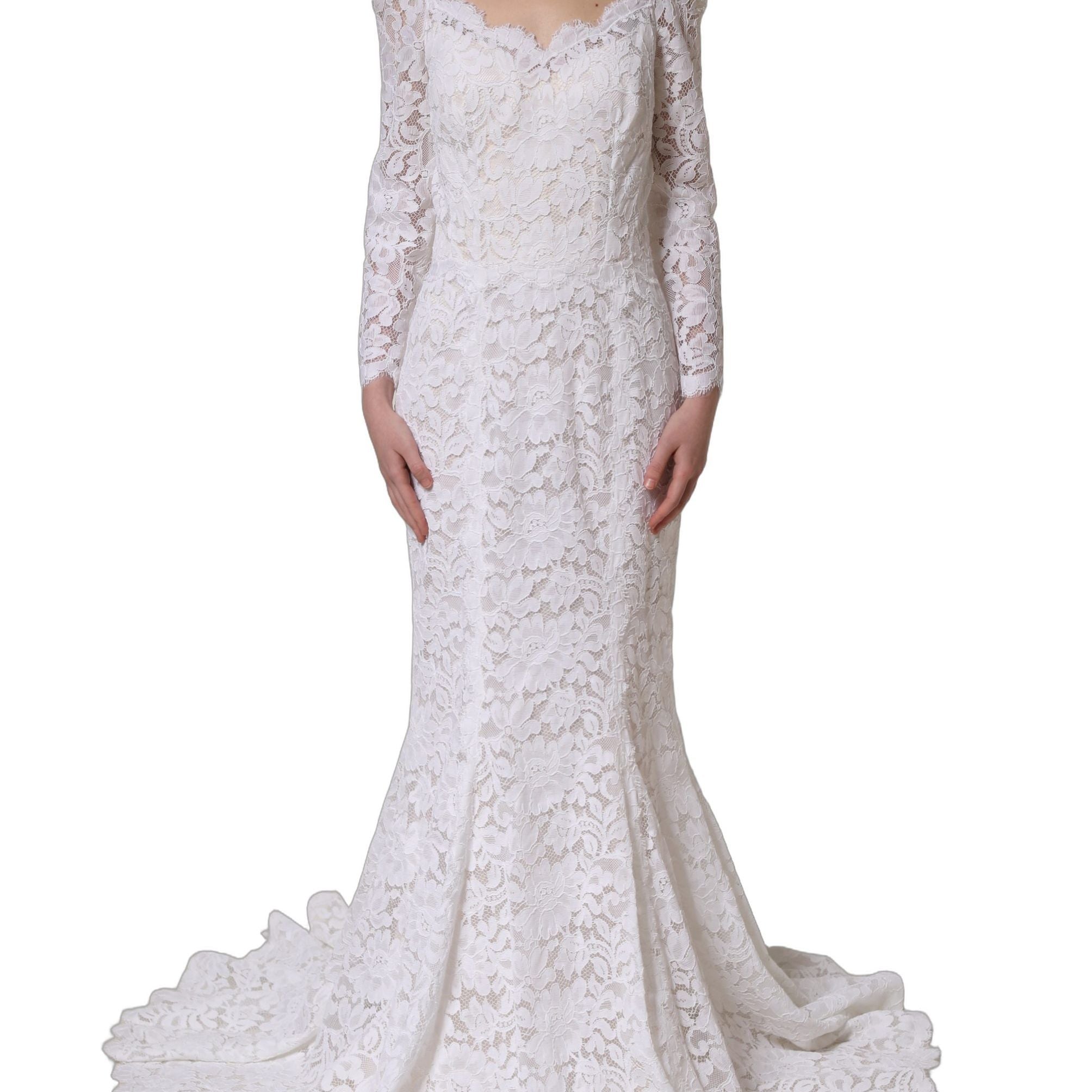 Dolce & Gabbana White Floral Lace Mermaid Long Gown Dress