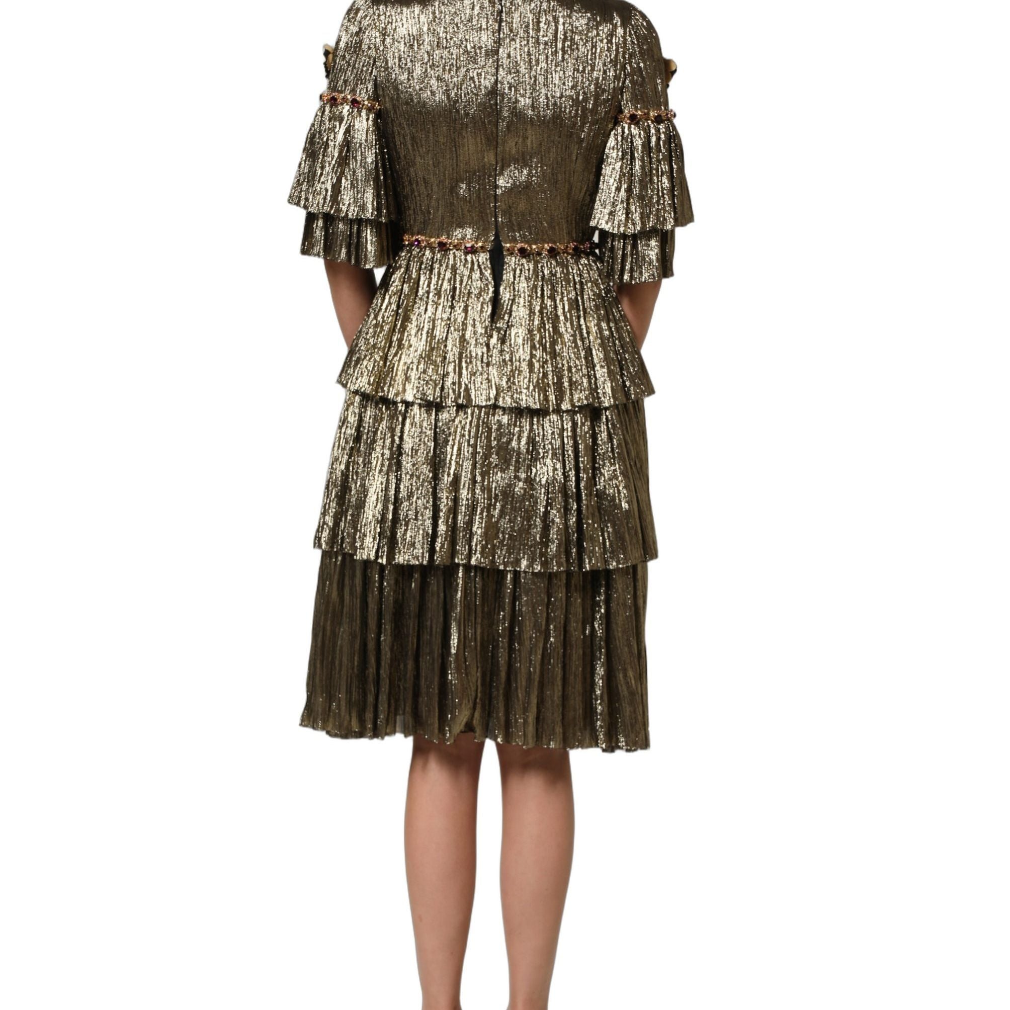 Dolce & Gabbana Metallic Gold Embellished Tiered Midi Dress