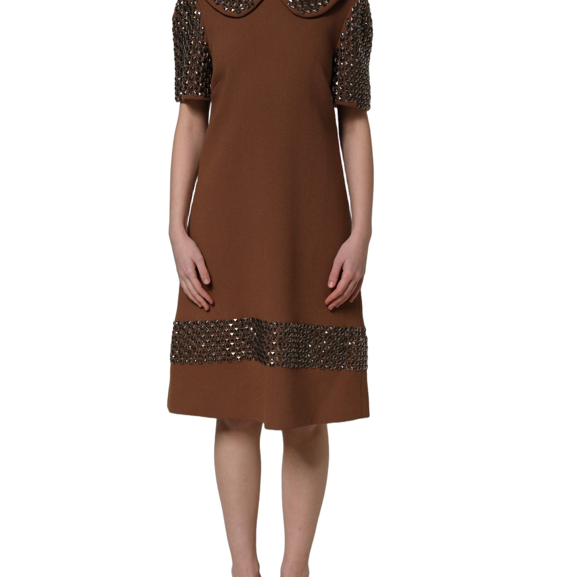 Dolce & Gabbana Brown Wool Rhinestone Embellished Midi Dress