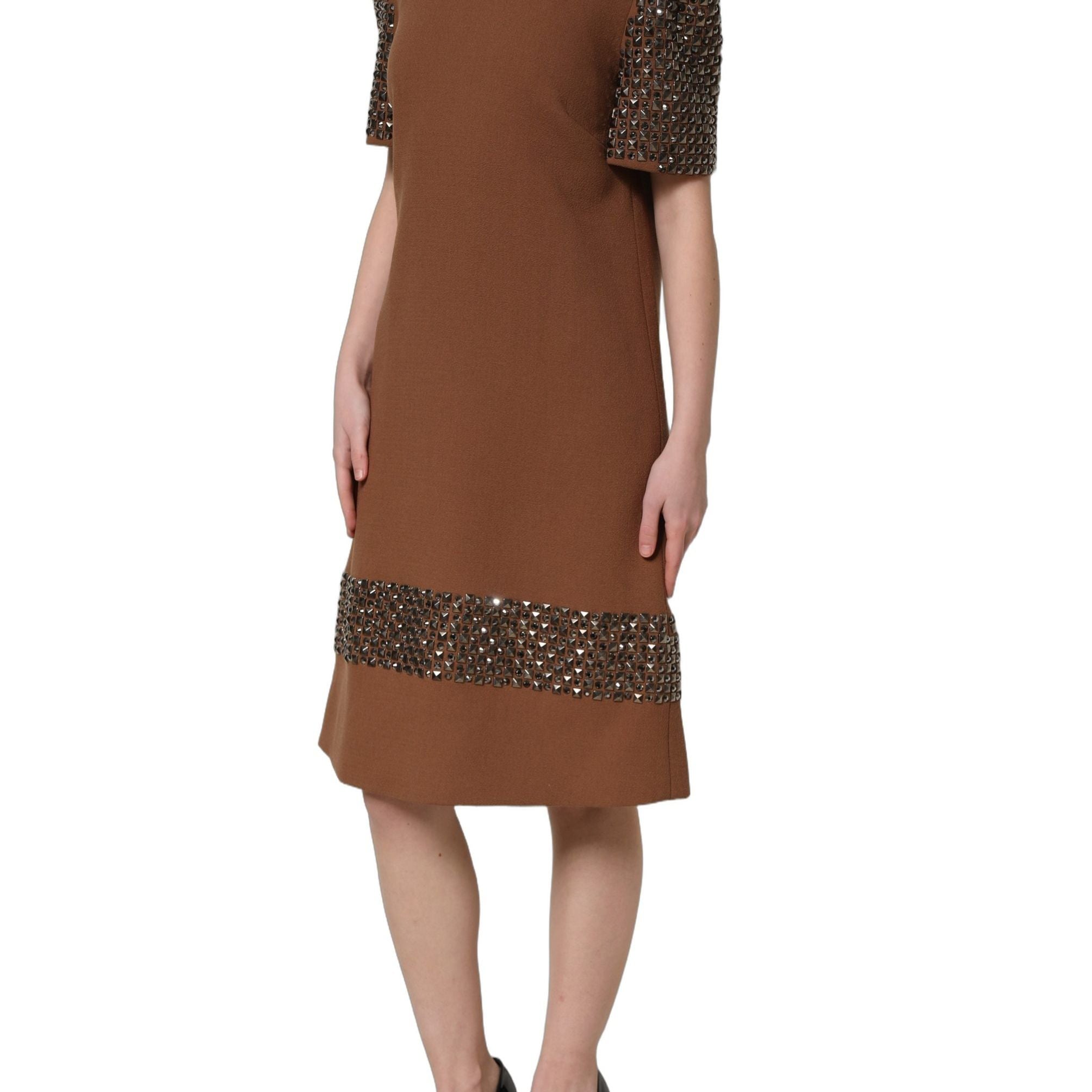 Dolce & Gabbana Brown Wool Rhinestone Embellished Midi Dress