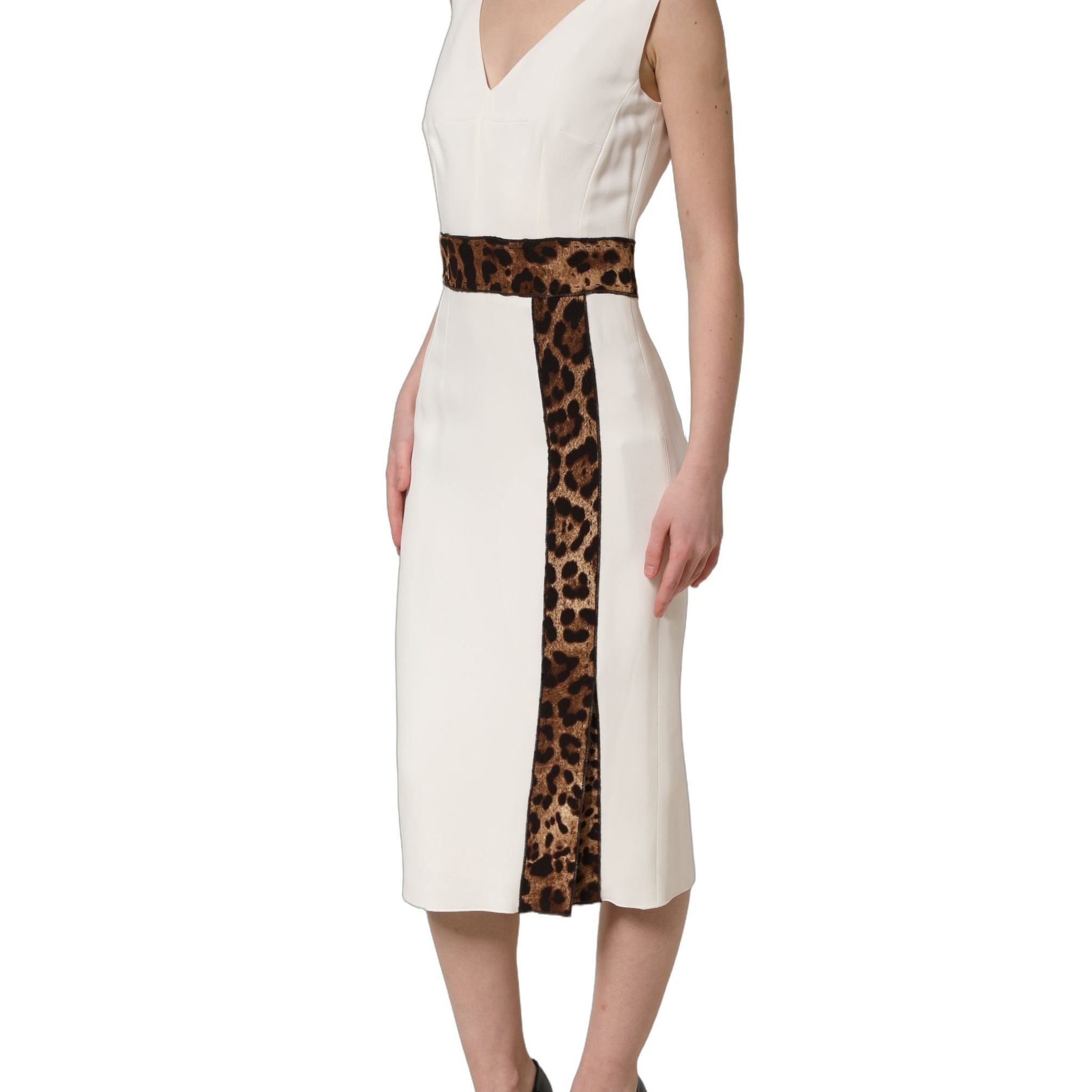 Dolce & Gabbana White Leopard Sleeveless Sheath Midi Dress