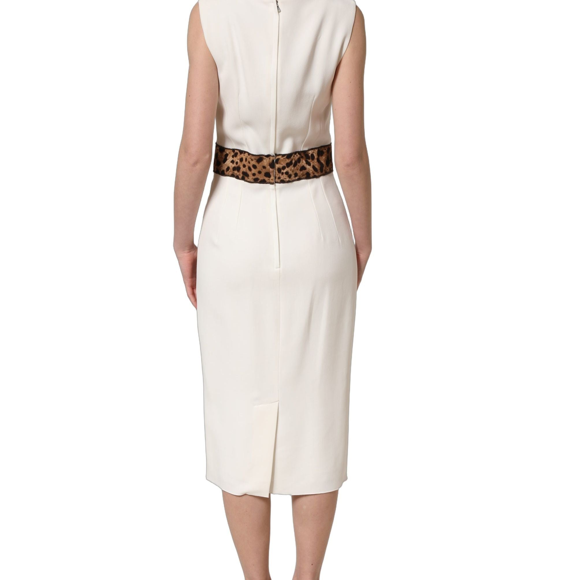 Dolce & Gabbana White Leopard Sleeveless Sheath Midi Dress