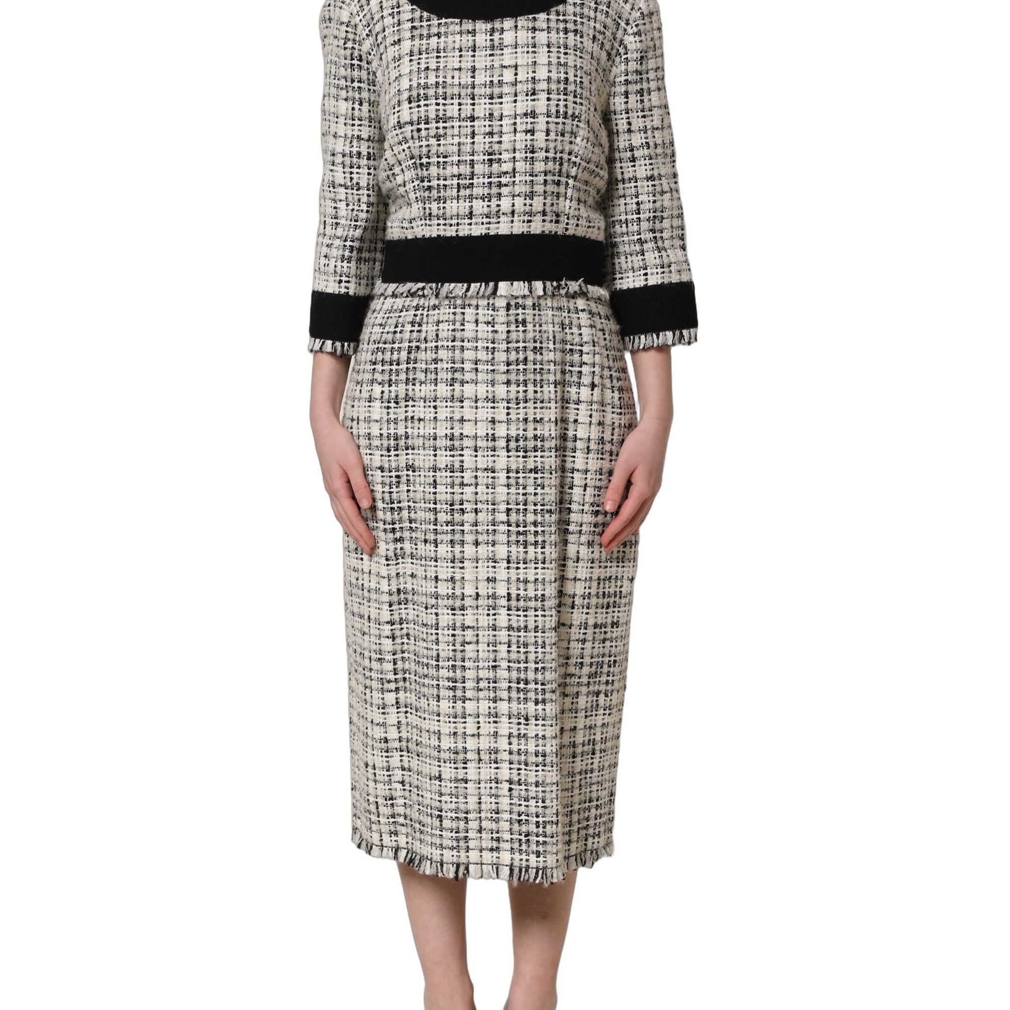 Dolce & Gabbana Multicolor Bouclé Tweed Frayed Trim Midi Dress