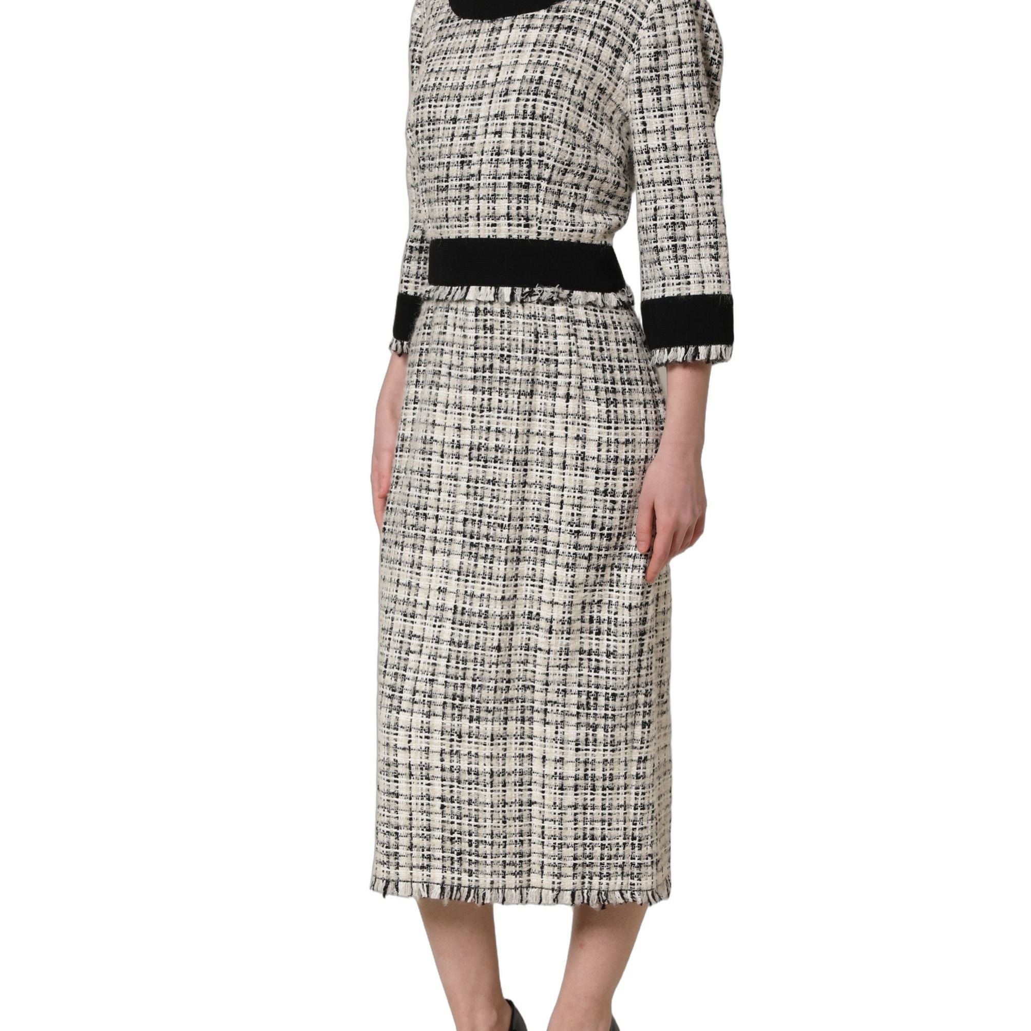 Dolce & Gabbana Multicolor Bouclé Tweed Frayed Trim Midi Dress