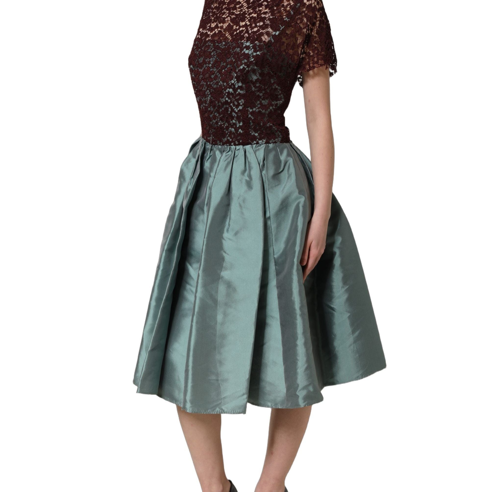 Dolce & Gabbana Multicolor Floral Lace Taffeta Pleated Midi Dress