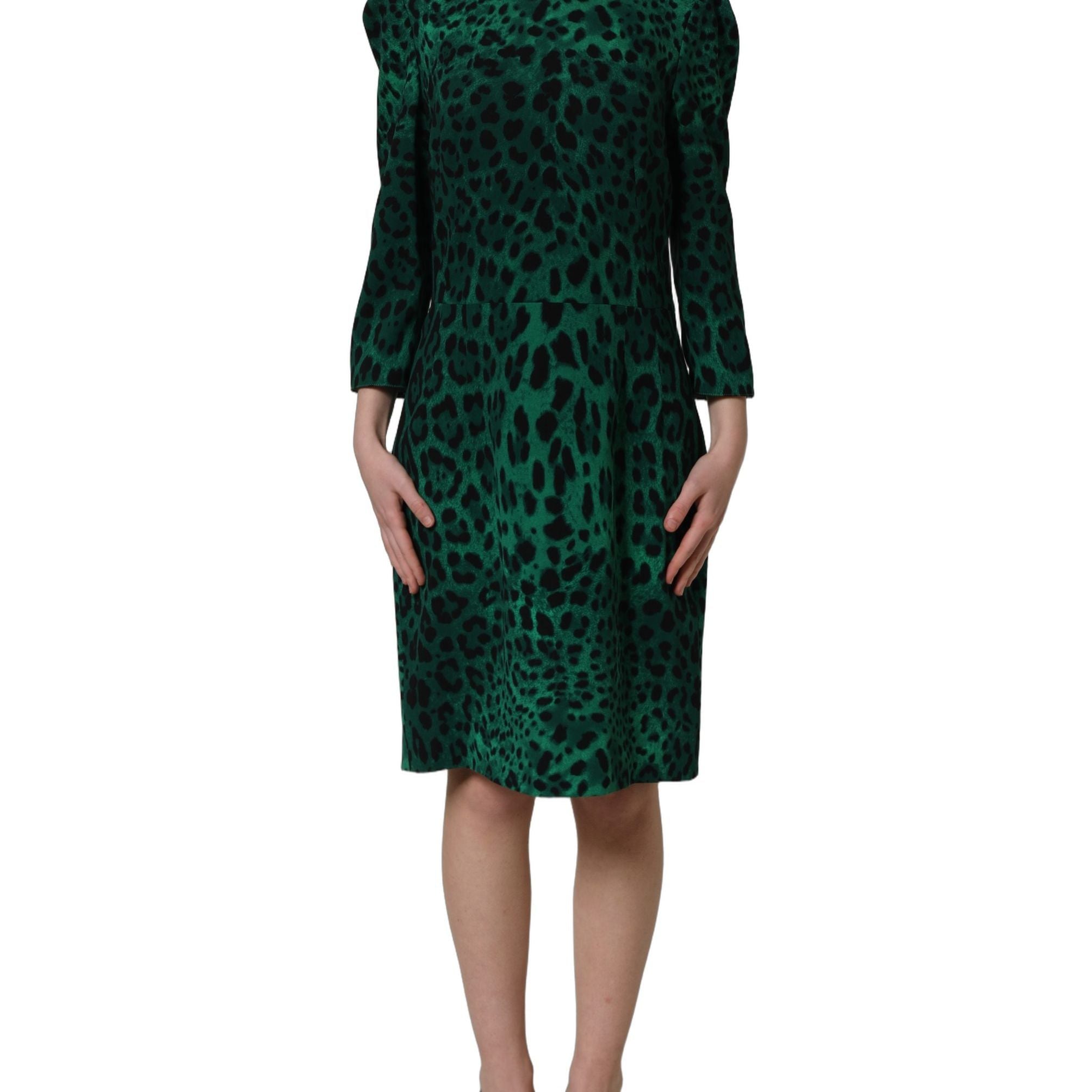 Dolce & Gabbana Green Leopard Print Silk Knee Length Dress