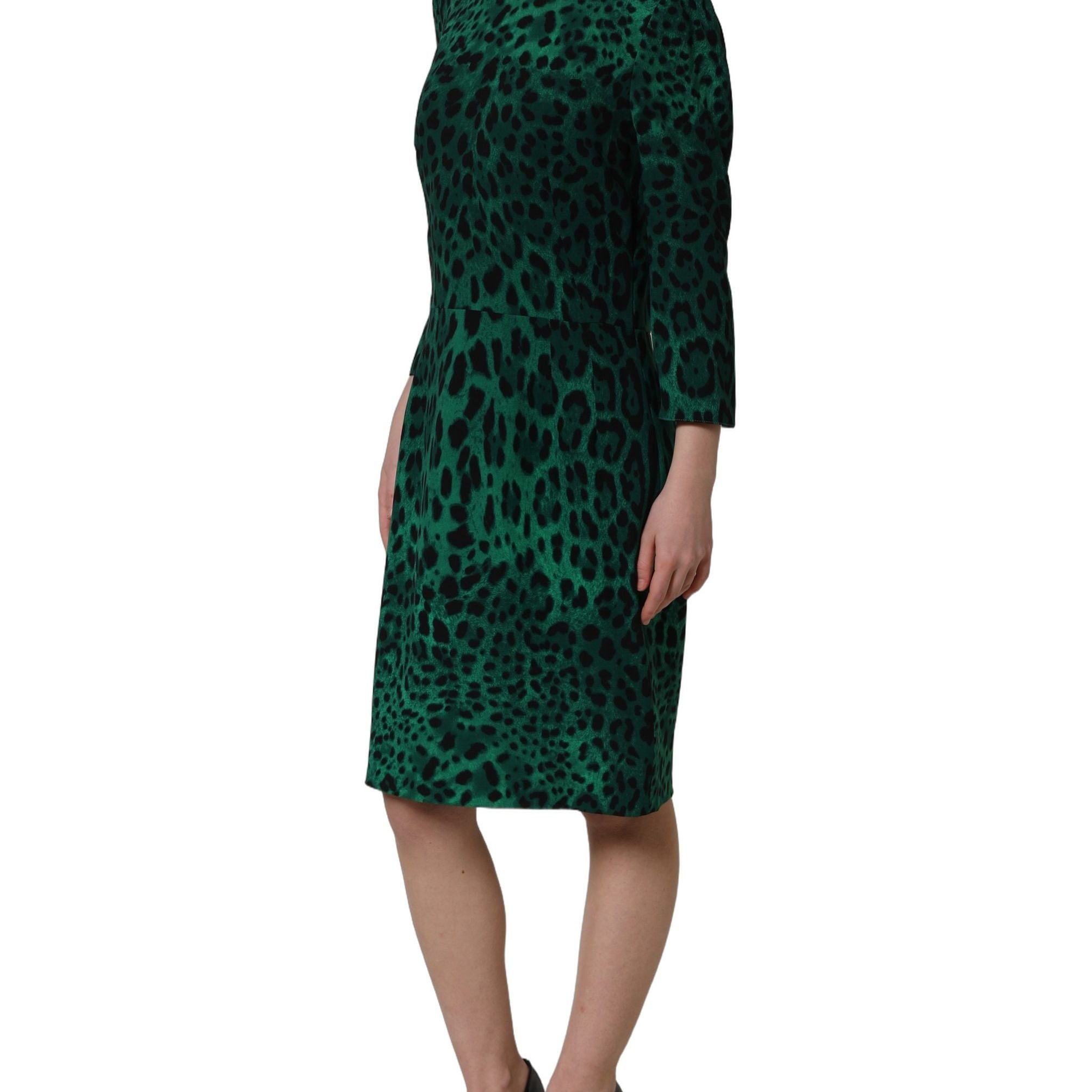 Dolce & Gabbana Green Leopard Print Silk Knee Length Dress