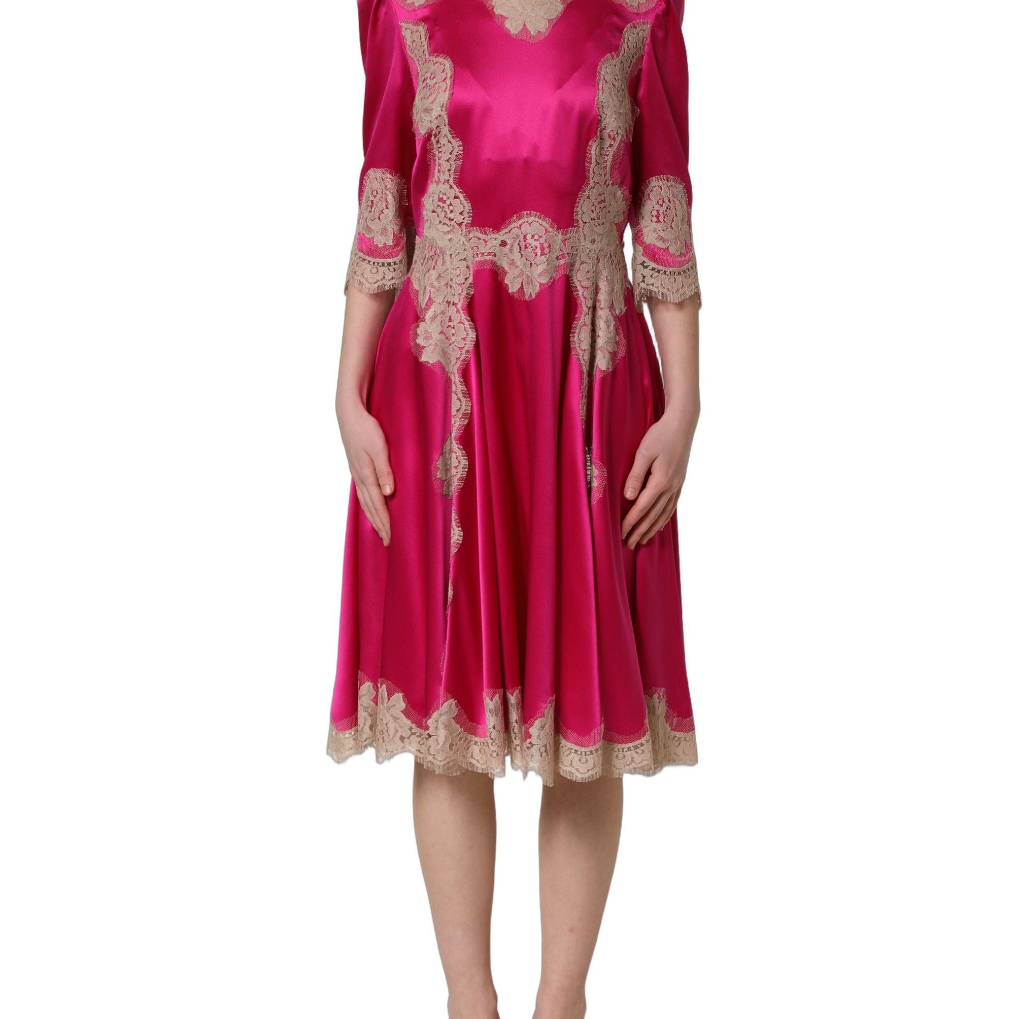 Dolce & Gabbana Fuchsia Pink Lace Detail A-line Midi Dress