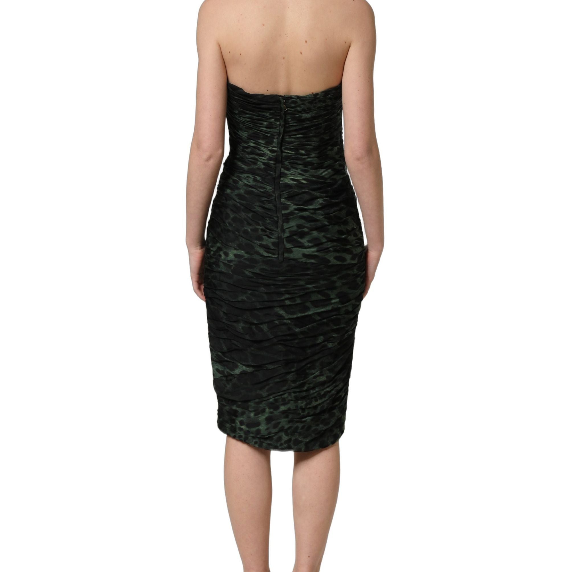 Dolce & Gabbana Green Leopard Print Bustier Draped Midi Dress