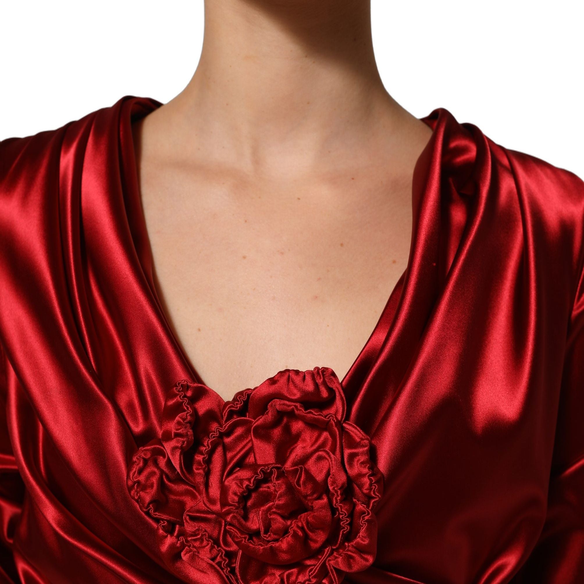 Dolce & Gabbana Red Silk Satin Draped Midi Floral Applique Dress
