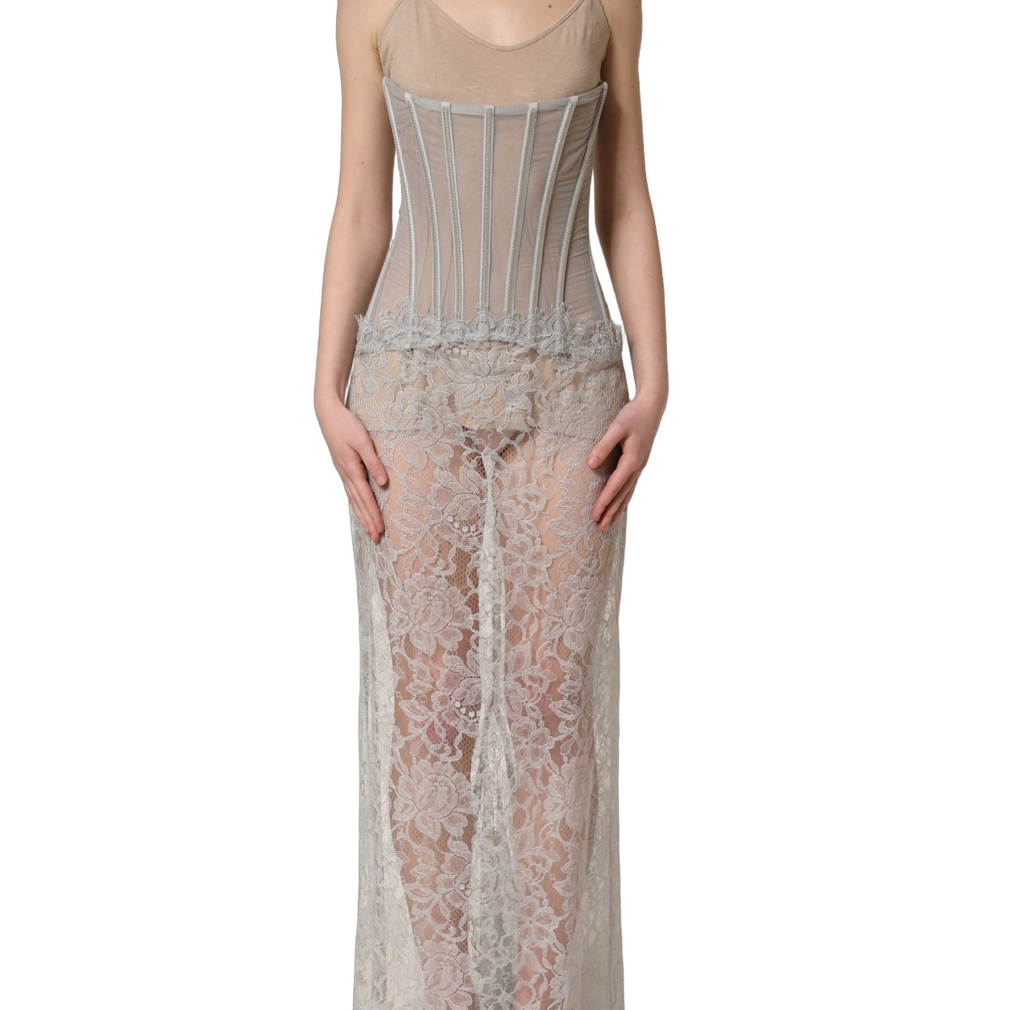 Dolce & Gabbana Gray Lace Corset Style Bodice Maxi Dress