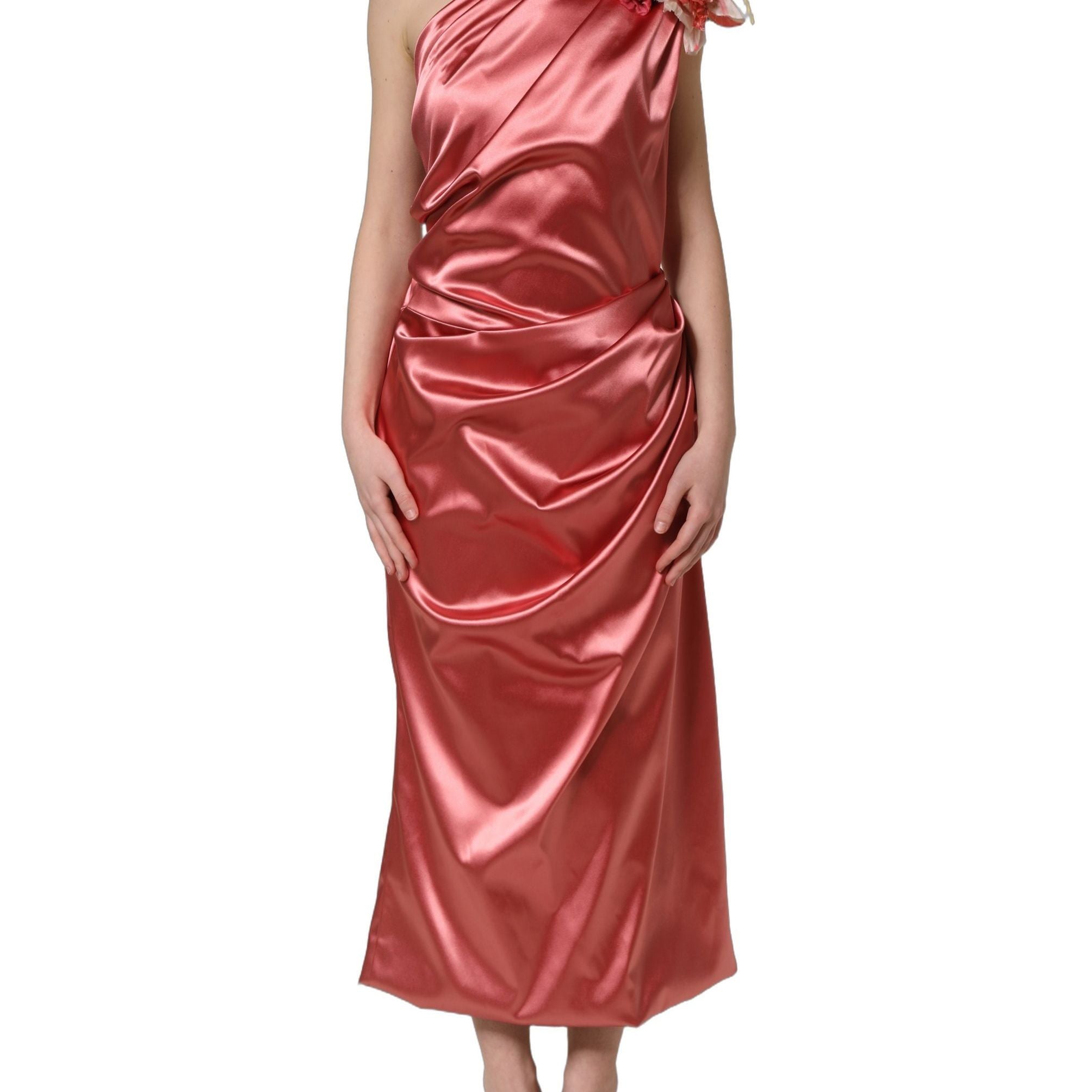 Dolce & Gabbana Pink Draped Midi Flower Appliques Dress