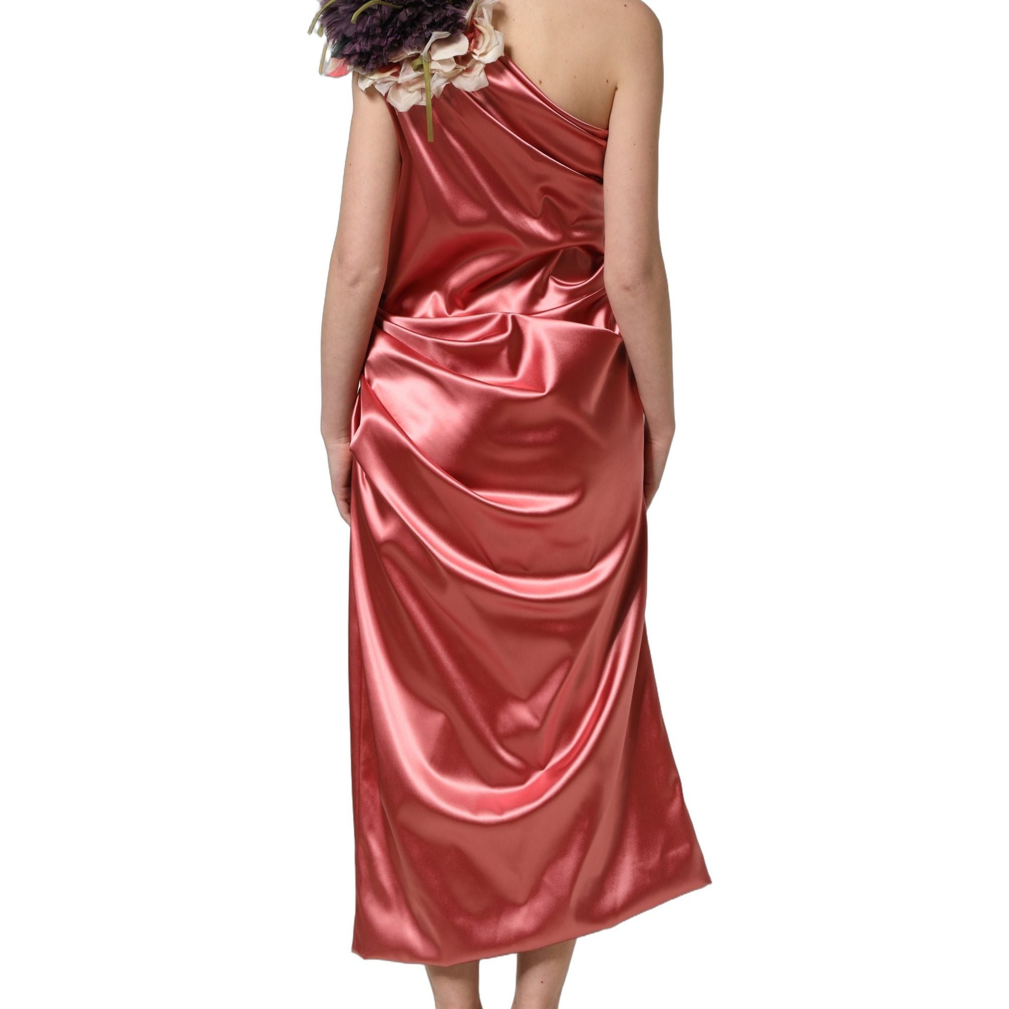 Dolce & Gabbana Pink Draped Midi Flower Appliques Dress