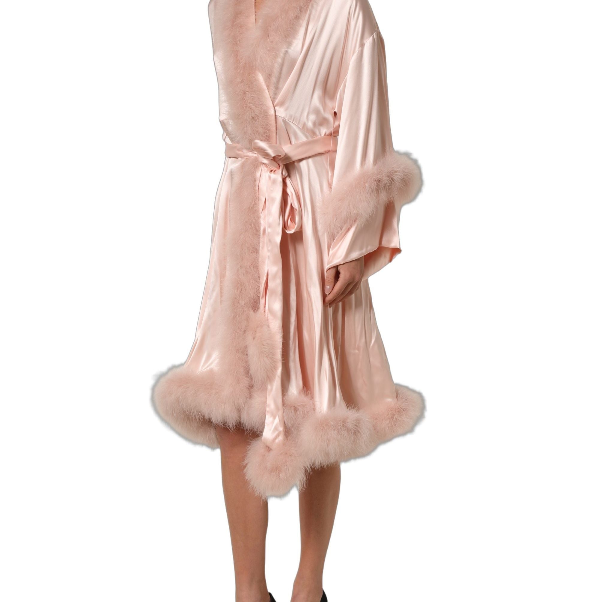 Dolce & Gabbana Light Pink Silk Turkey Feather Wrap Midi Dress