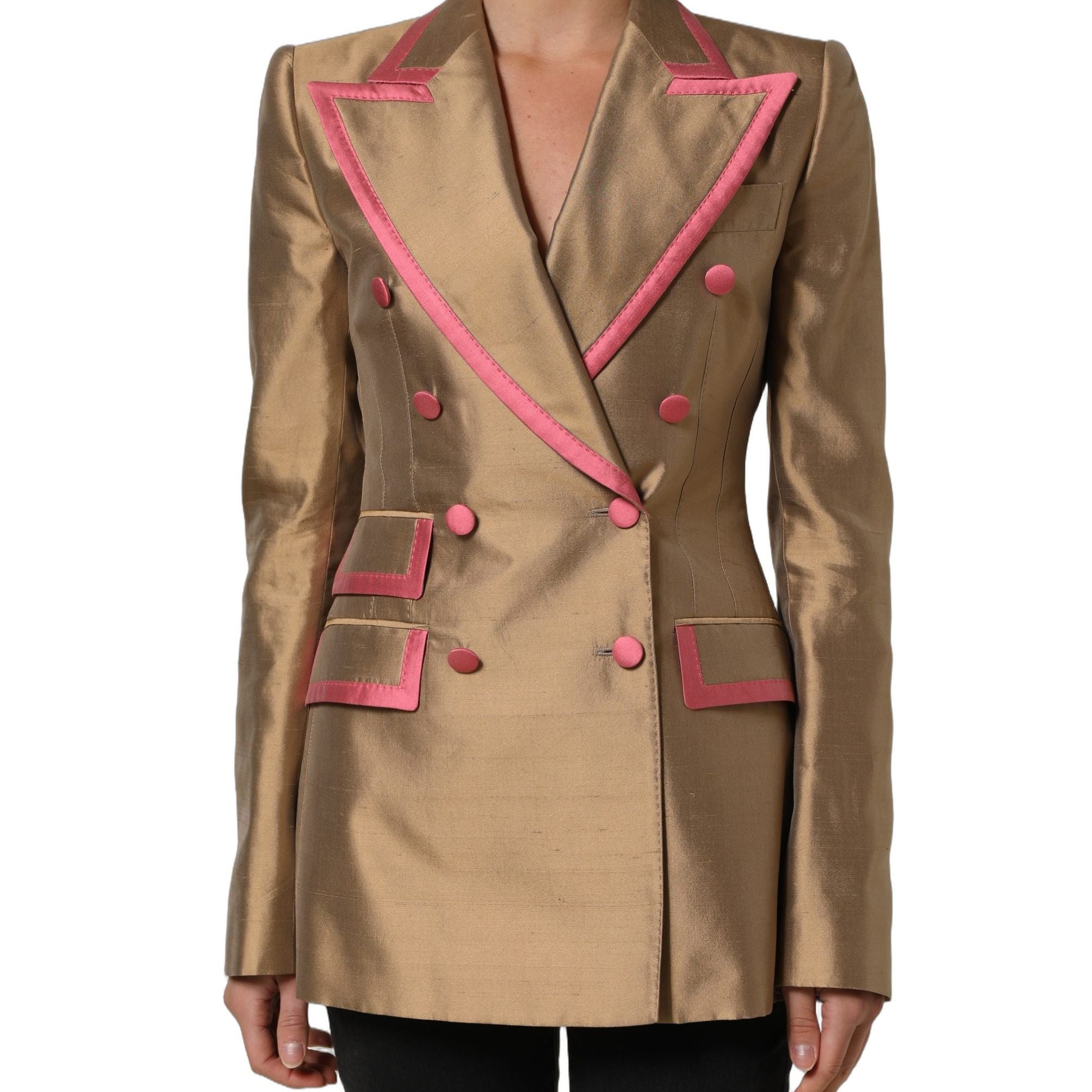 Dolce & Gabbana Gold Silk Double Breasted Coat Blazer Jacket
