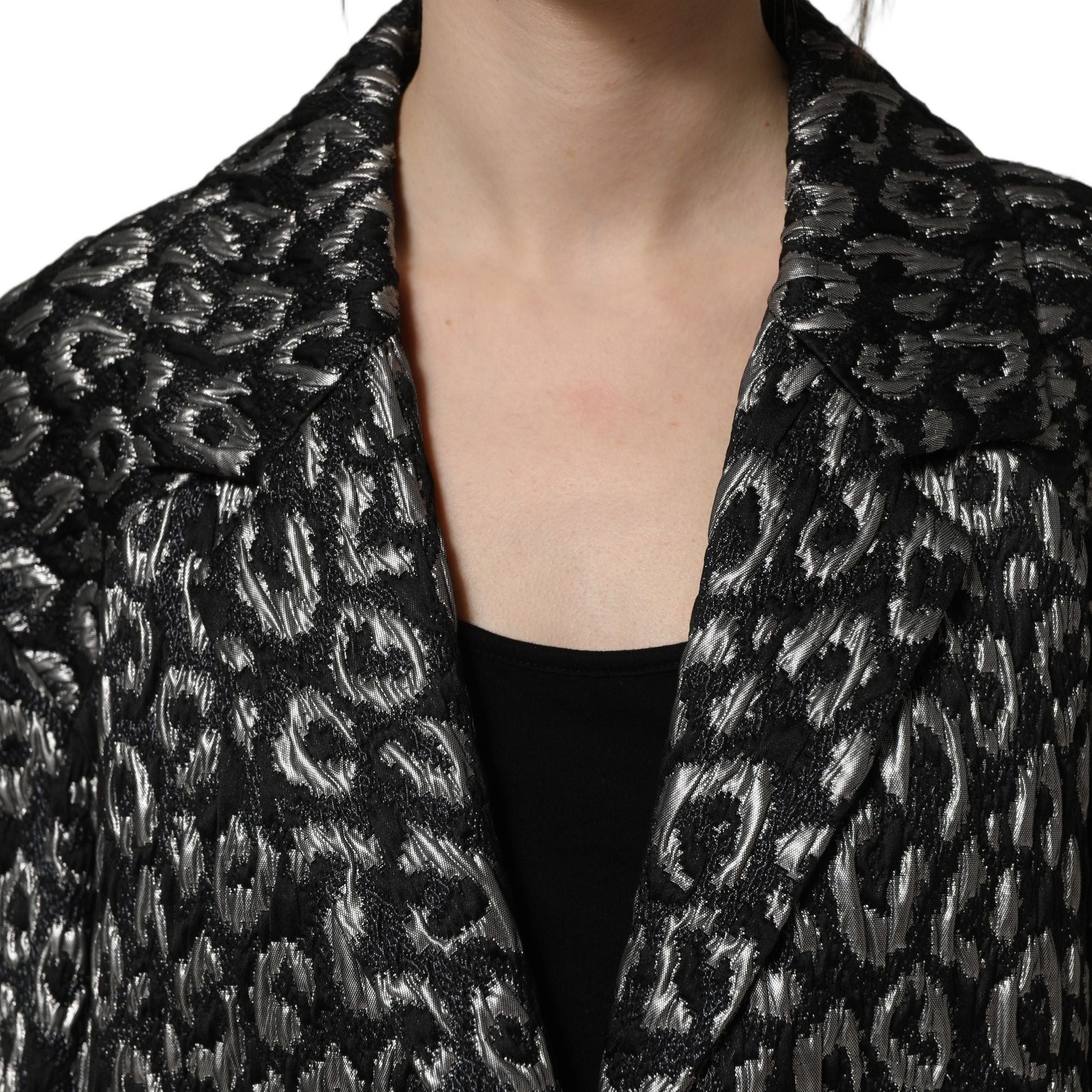 Dolce & Gabbana Black Silver Jacquard Leopard Coat Jacket