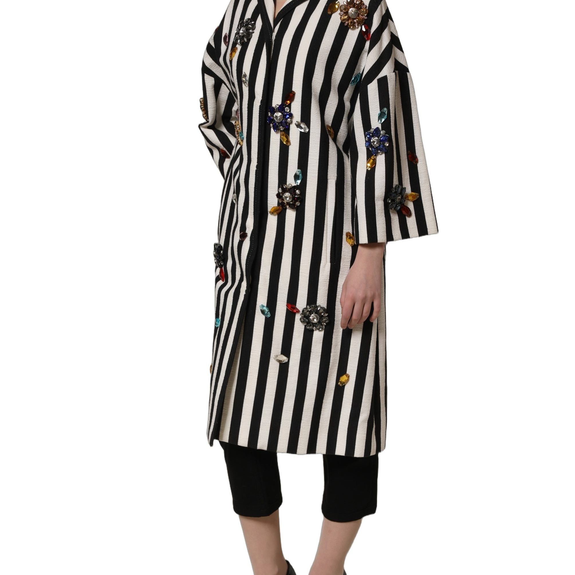 Dolce & Gabbana Black White Striped Embellished Coat Jacket